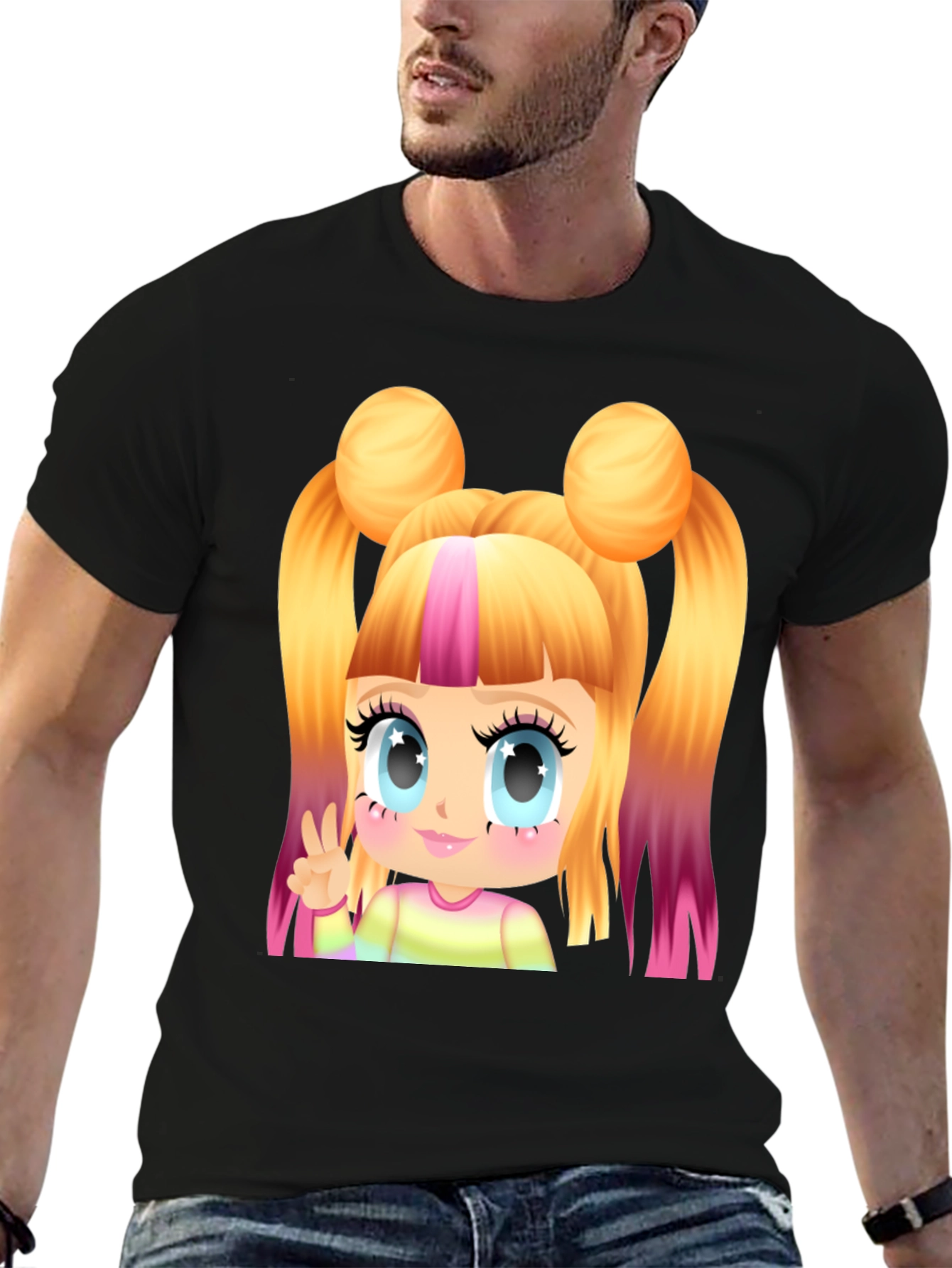 Kawaii Anime Girl Graphic Tee - Black Cotton