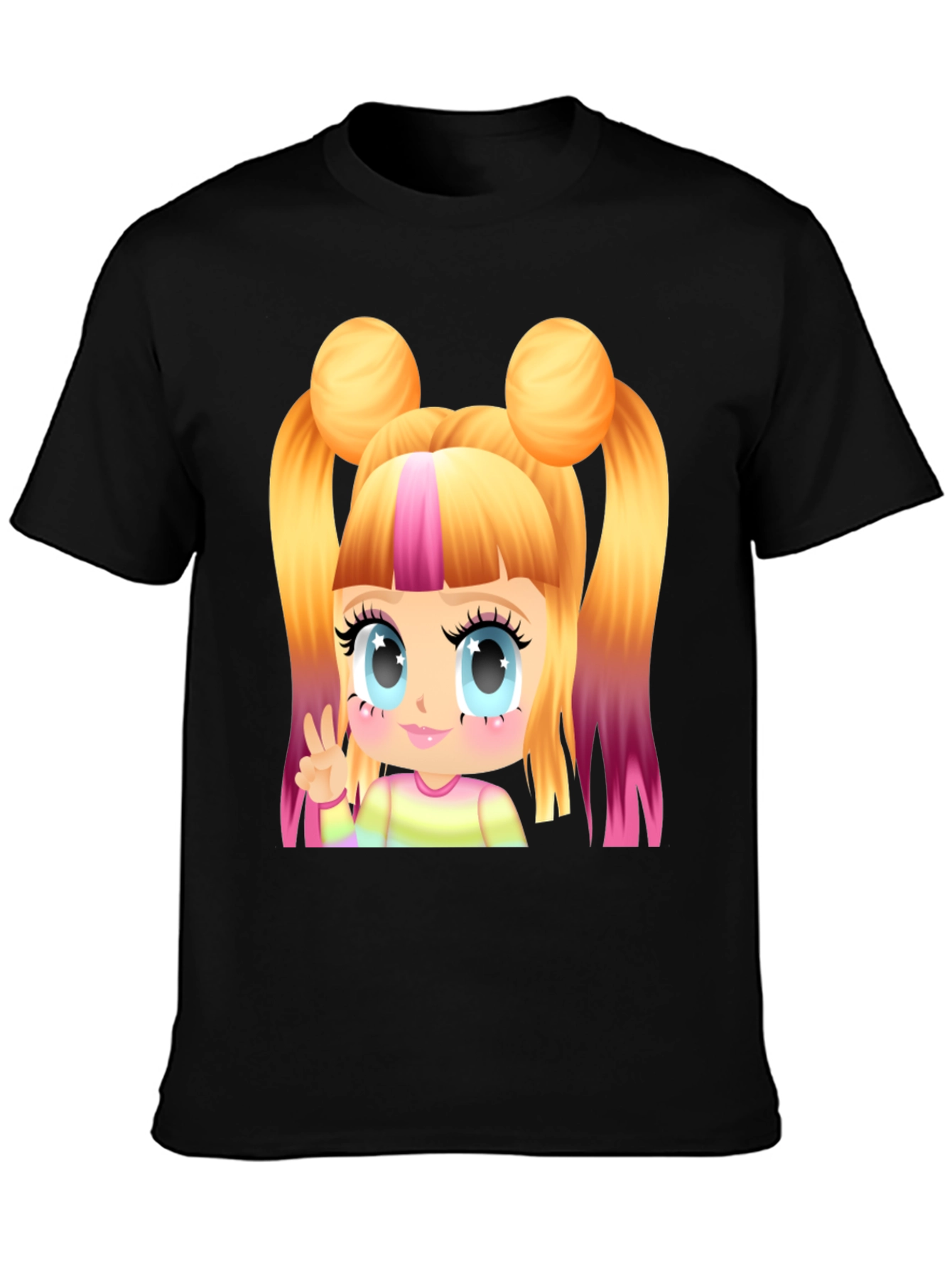 Kawaii Anime Girl Graphic Tee - Black Cotton