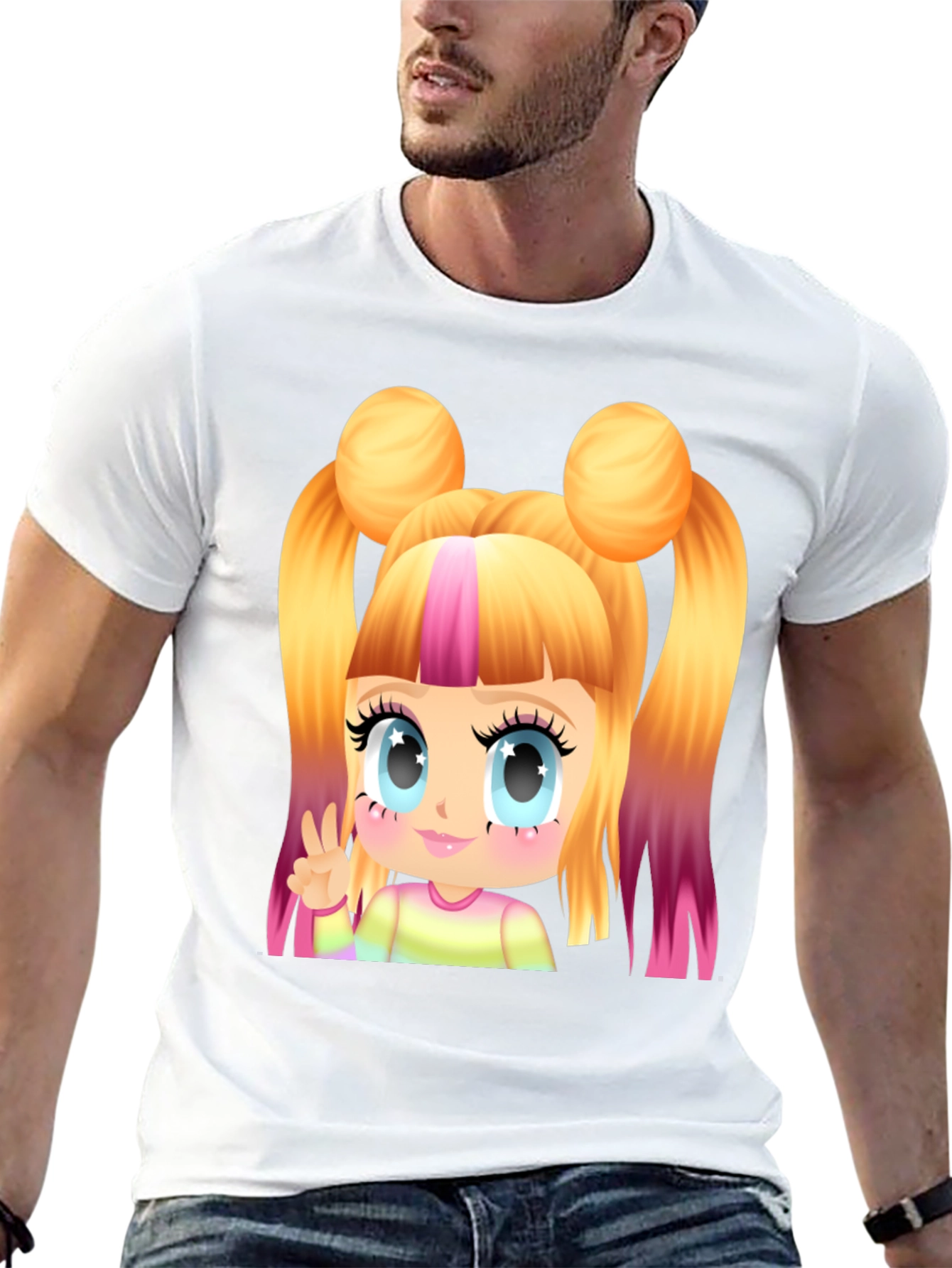 Kawaii Anime Girl Graphic Tee - Black Cotton