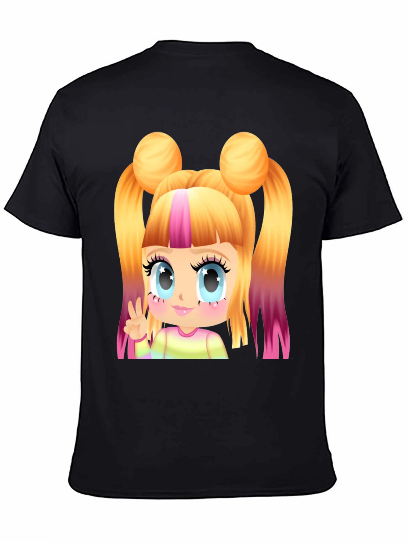 Kawaii Anime Girl Graphic Tee - Black Cotton
