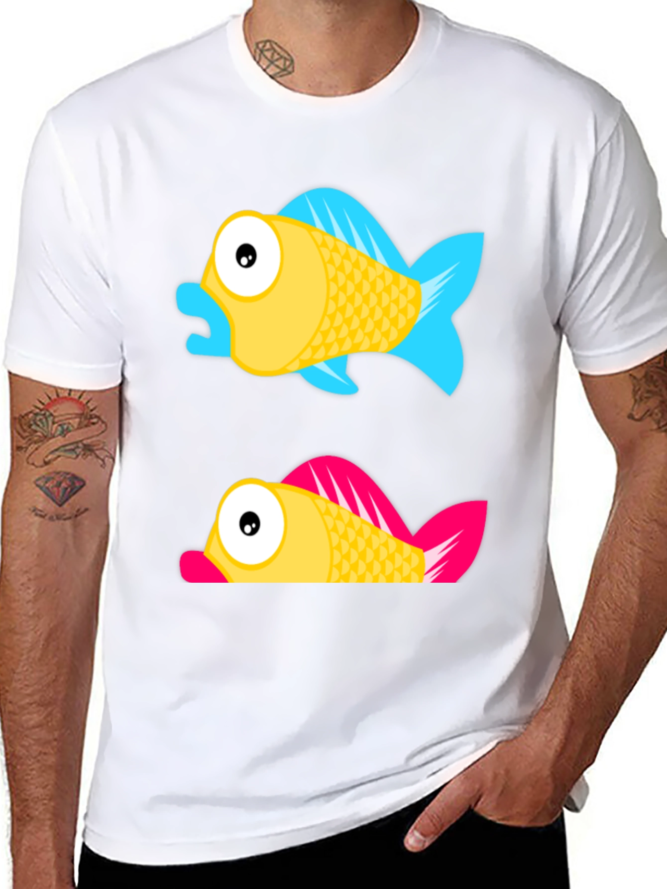 Cartoon Fish Graphic Tee - Black Cotton Shirt