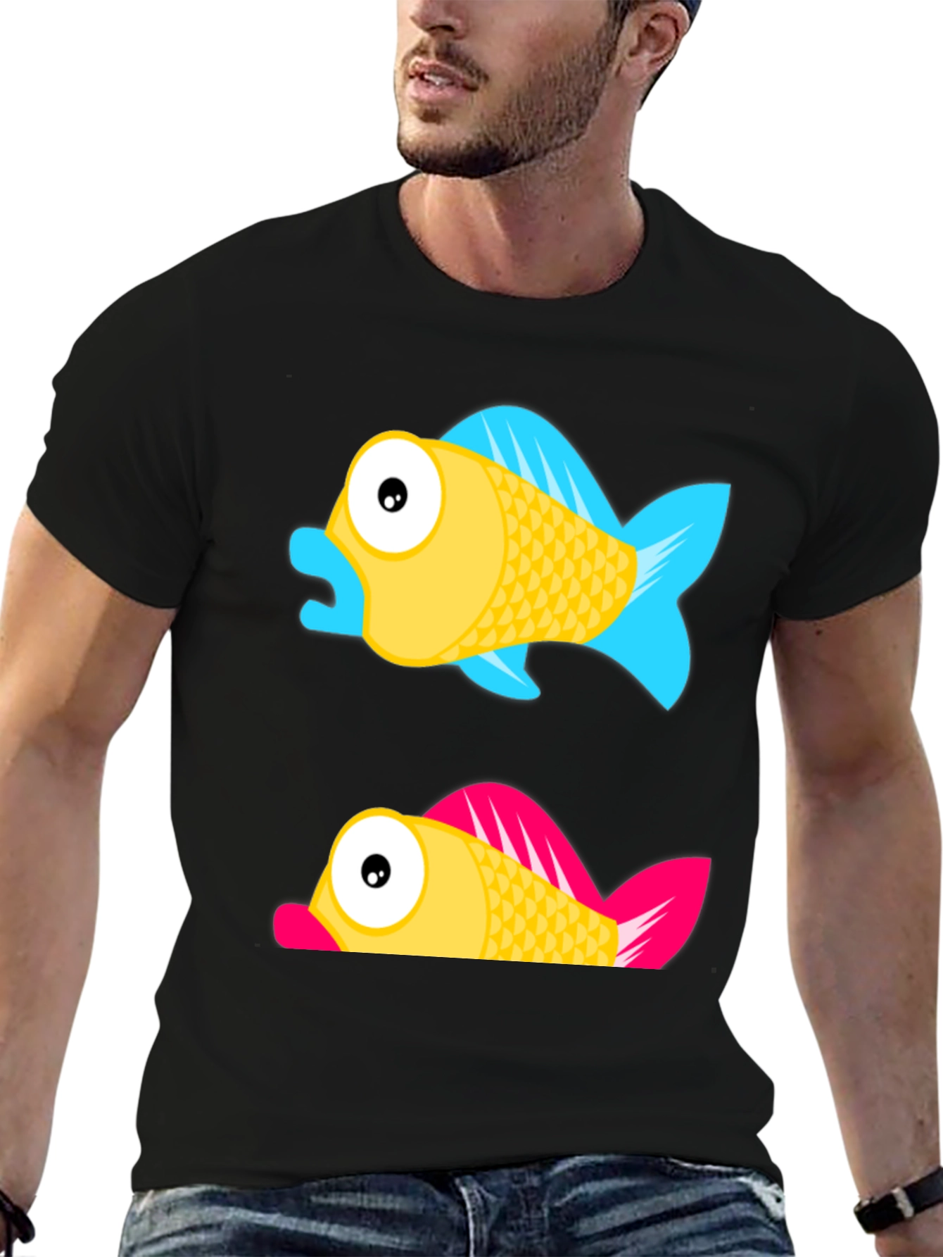 Cartoon Fish Graphic Tee - Black Cotton Shirt