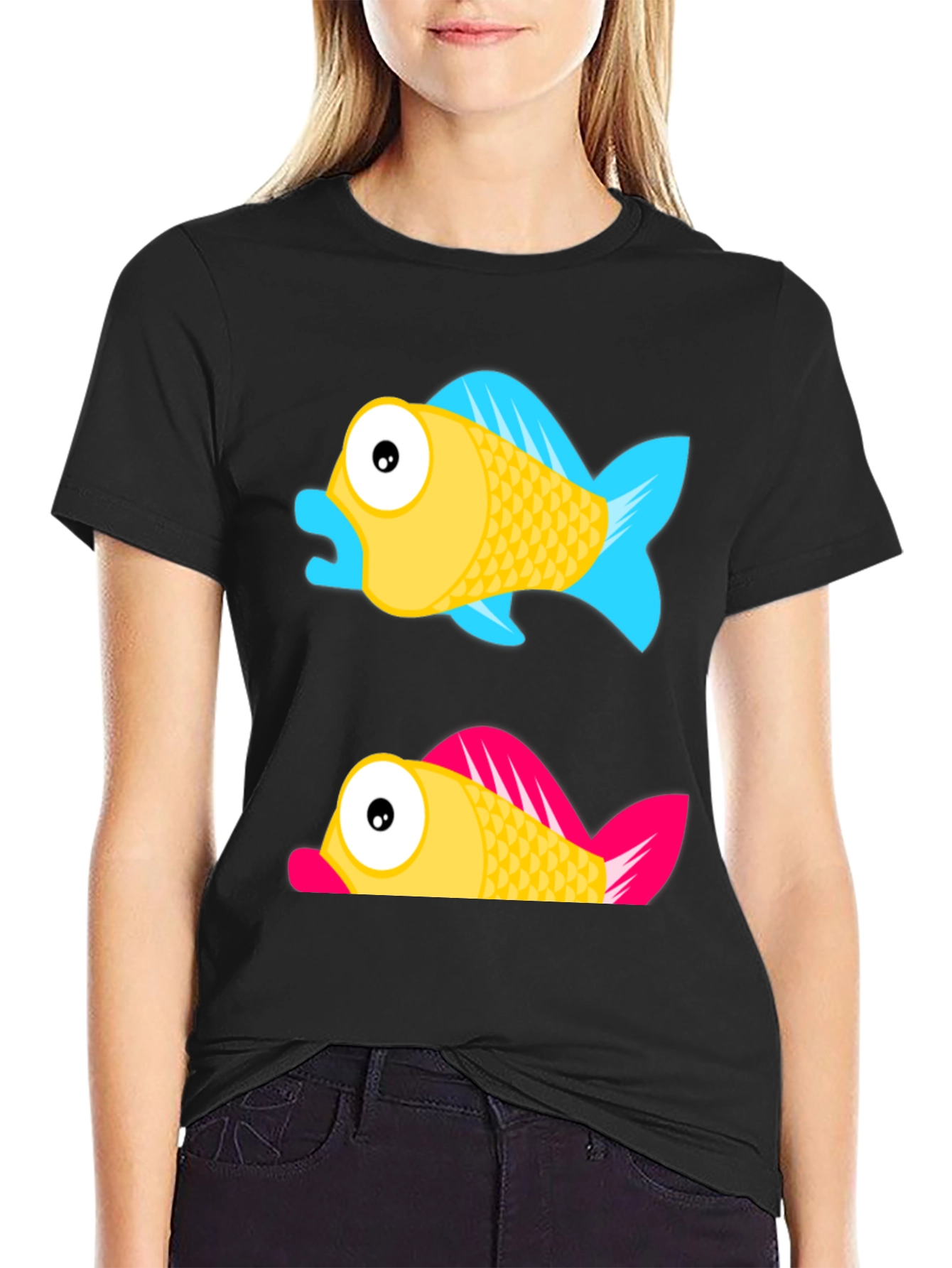 Cartoon Fish Graphic Tee - Black Cotton Shirt