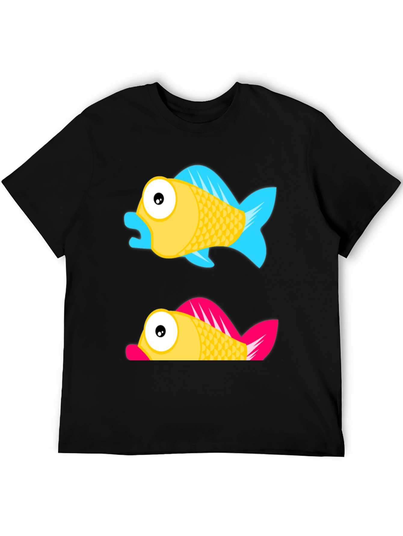 Cartoon Fish Graphic Tee - Black Cotton Shirt