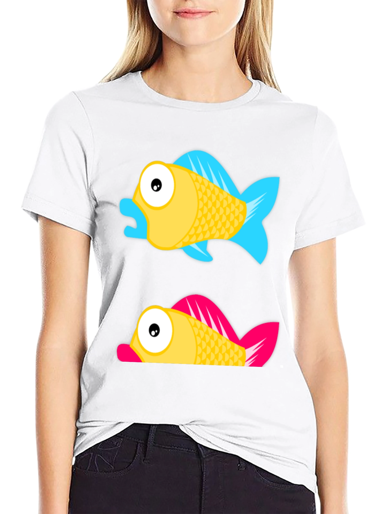 Cartoon Fish Graphic Tee - Black Cotton Shirt