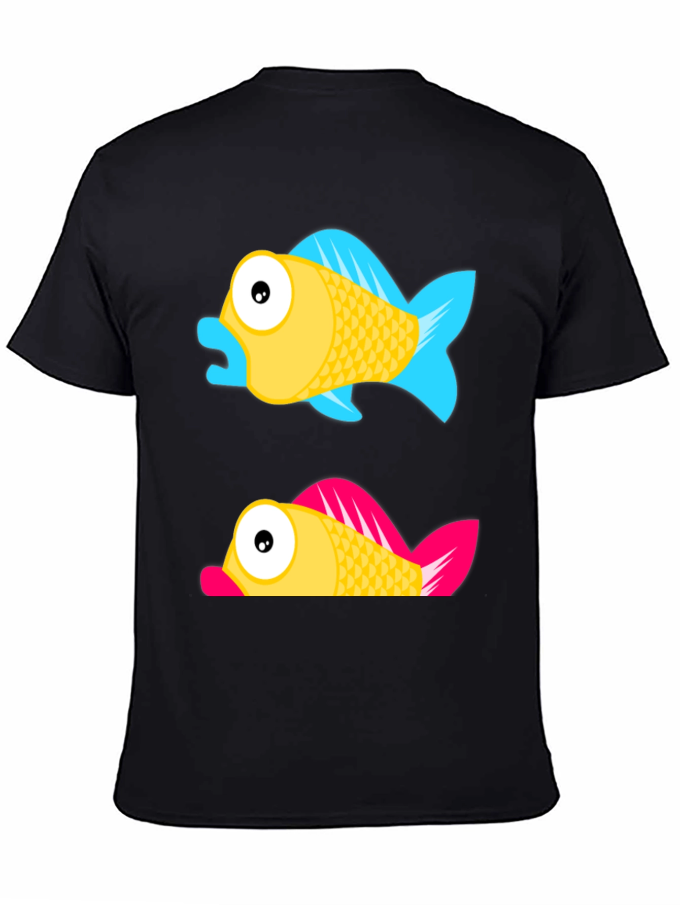 Cartoon Fish Graphic Tee - Black Cotton Shirt