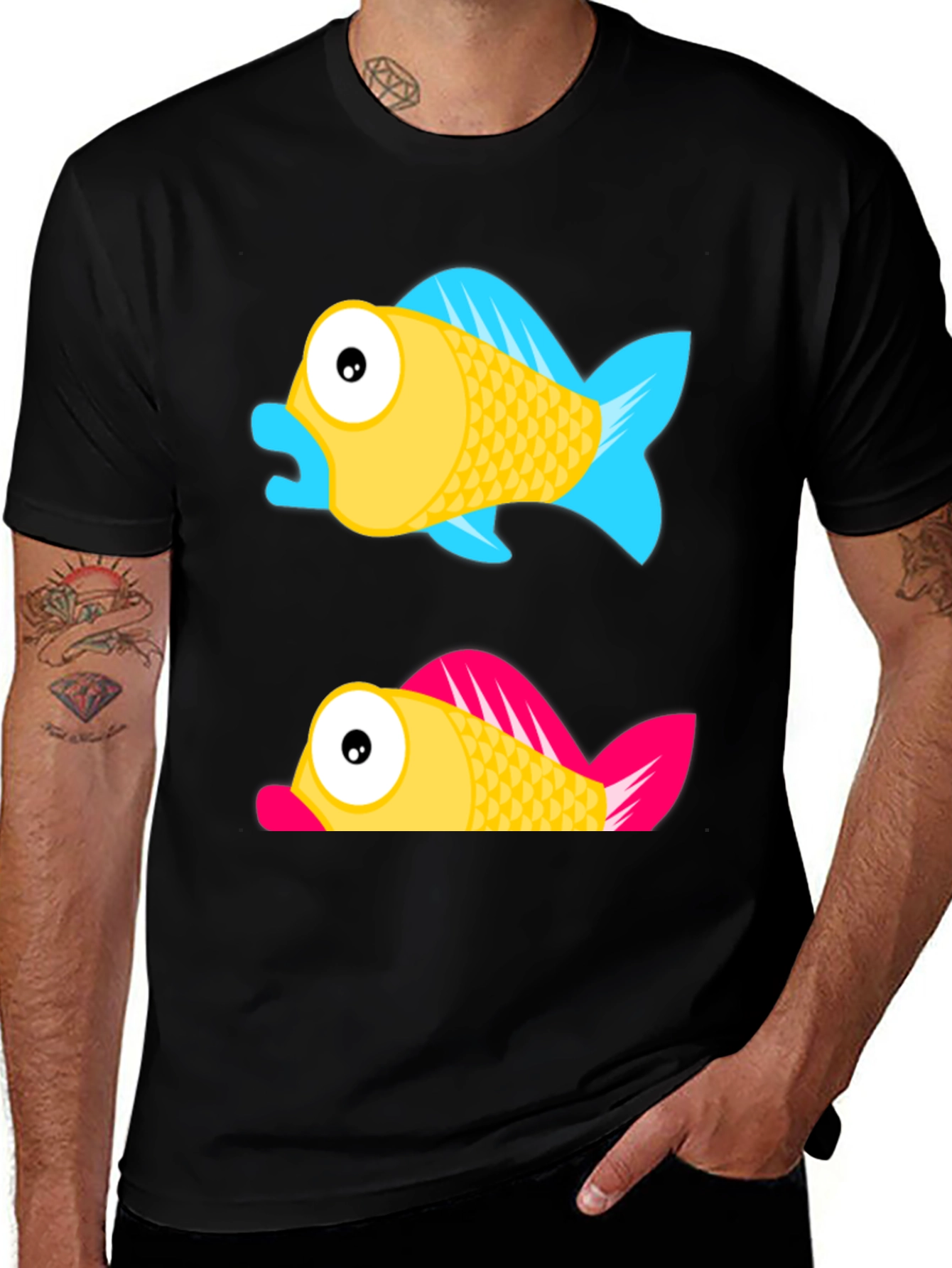 Cartoon Fish Graphic Tee - Black Cotton Shirt