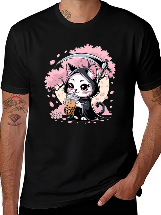 Kawaii Grim Reaper Cat Boba Tea Graphic T-Shirt
