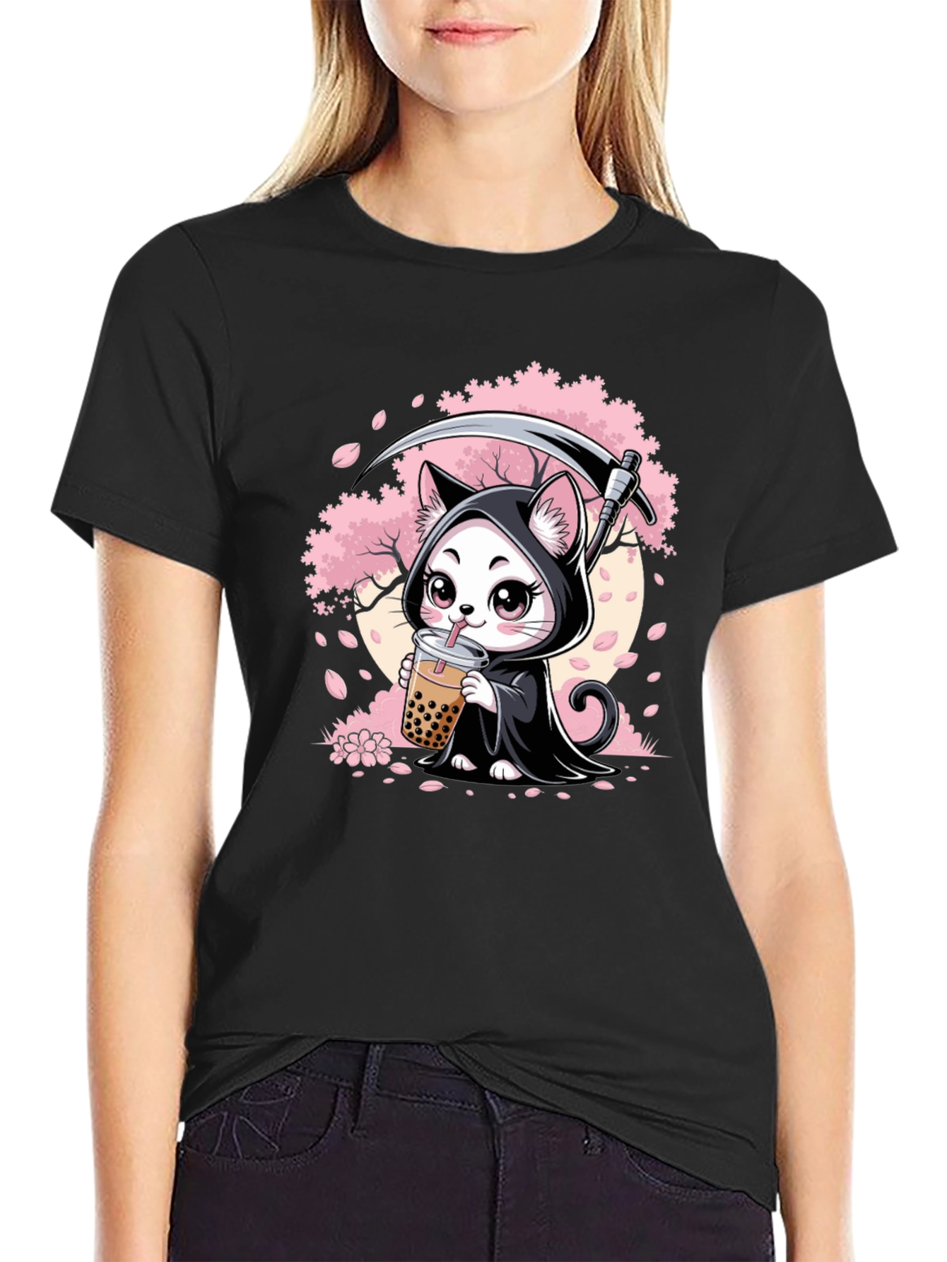 Kawaii Grim Reaper Cat Boba Tea Graphic T-Shirt