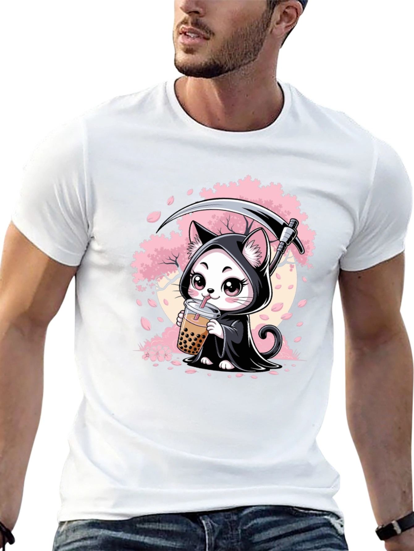 Kawaii Grim Reaper Cat Boba Tea Graphic T-Shirt