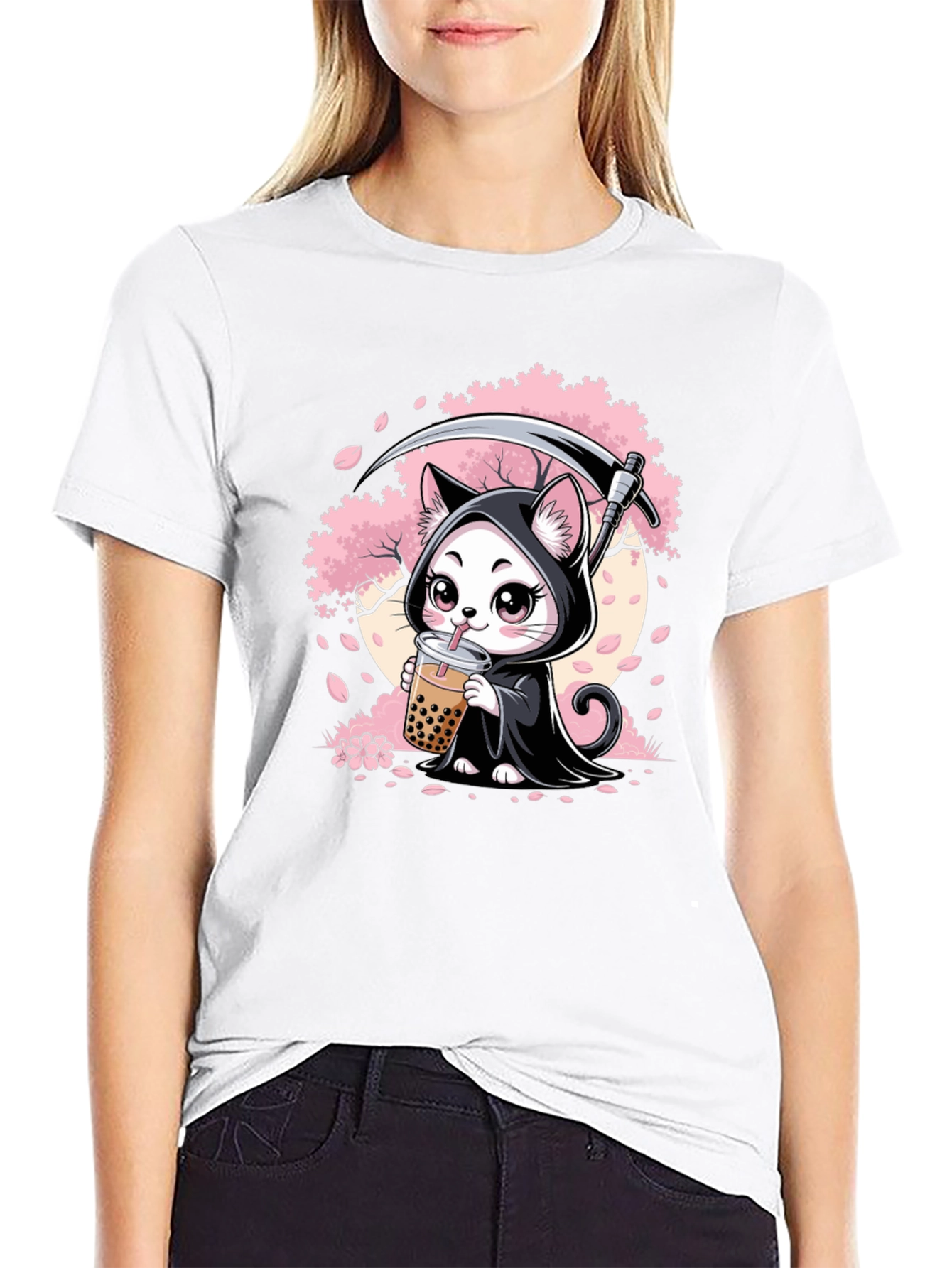Kawaii Grim Reaper Cat Boba Tea Graphic T-Shirt