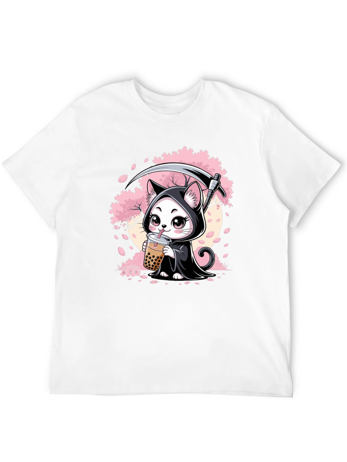 Kawaii Grim Reaper Cat Boba Tea Graphic T-Shirt