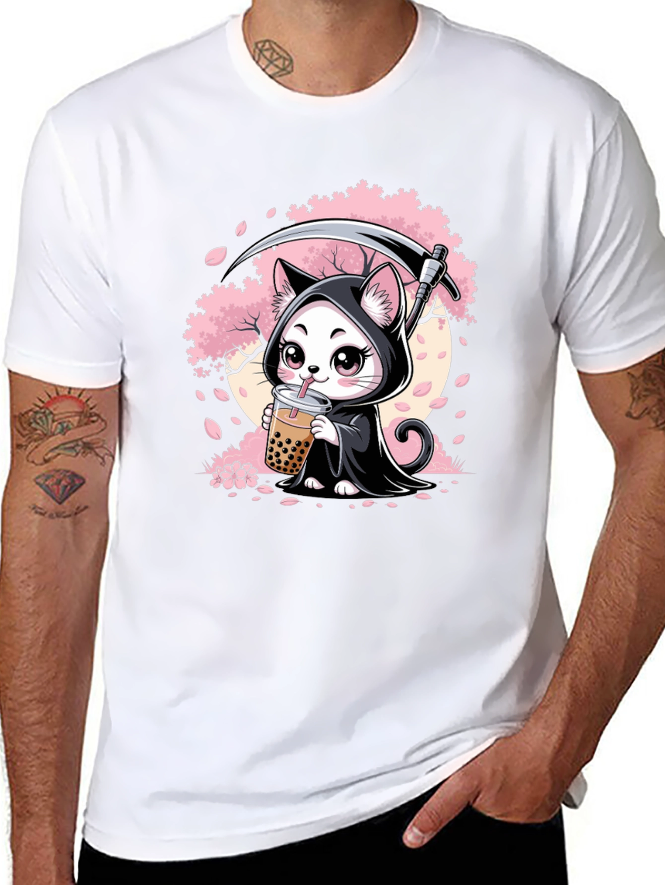 Kawaii Grim Reaper Cat Boba Tea Graphic T-Shirt