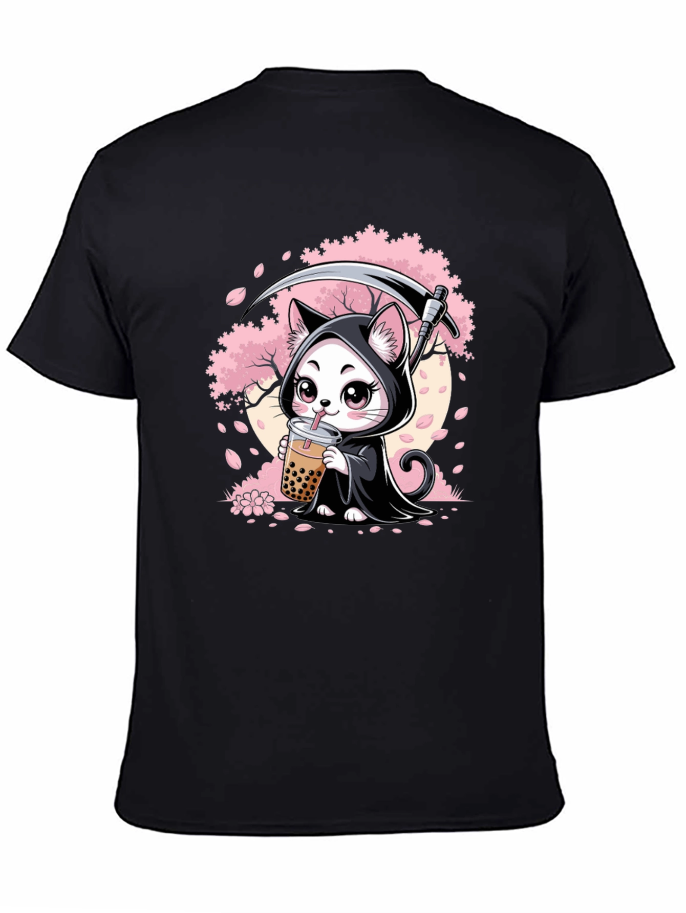 Kawaii Grim Reaper Cat Boba Tea Graphic T-Shirt
