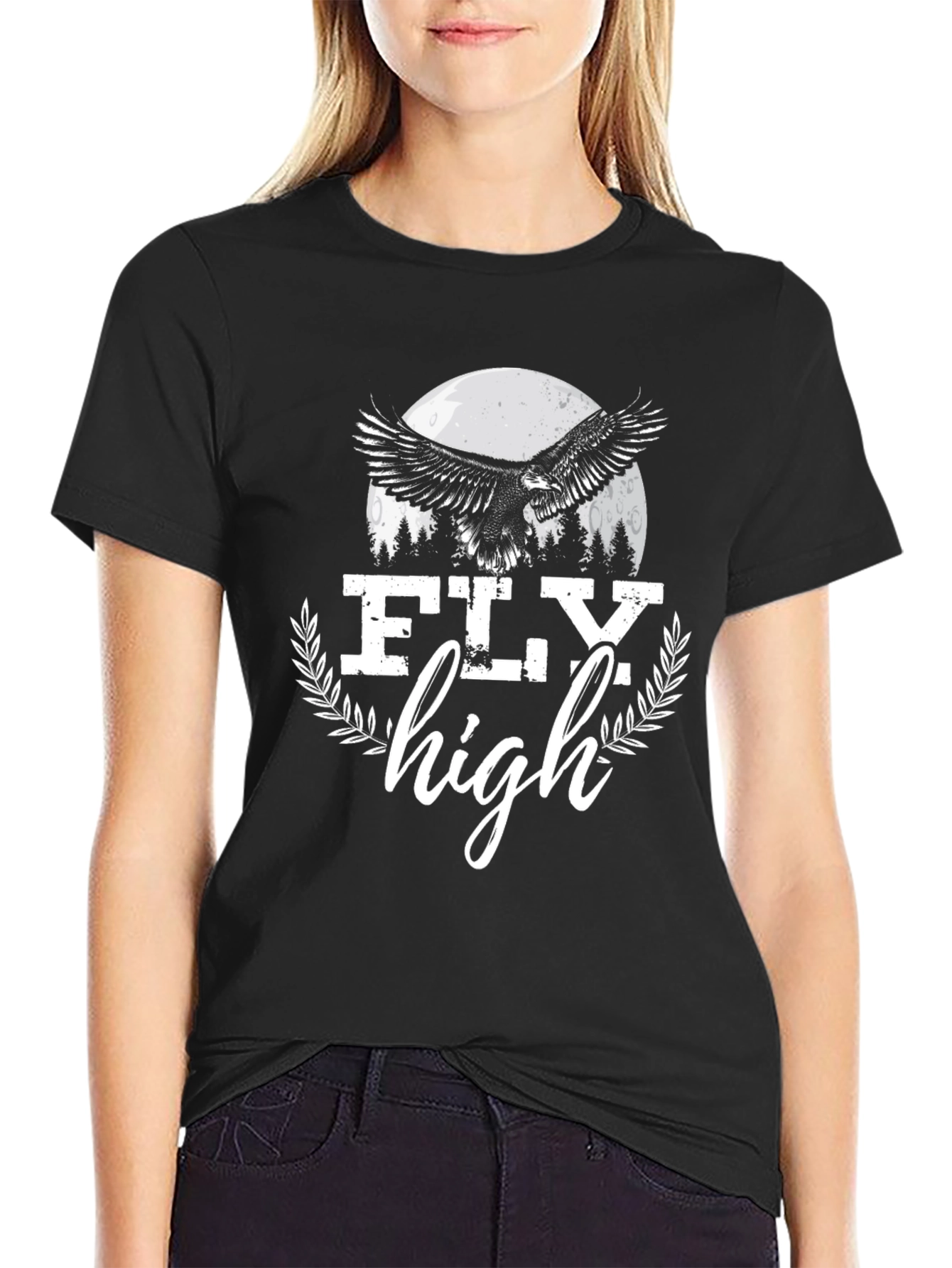 Fly High Eagle Graphic Tee - Black Cotton Blend