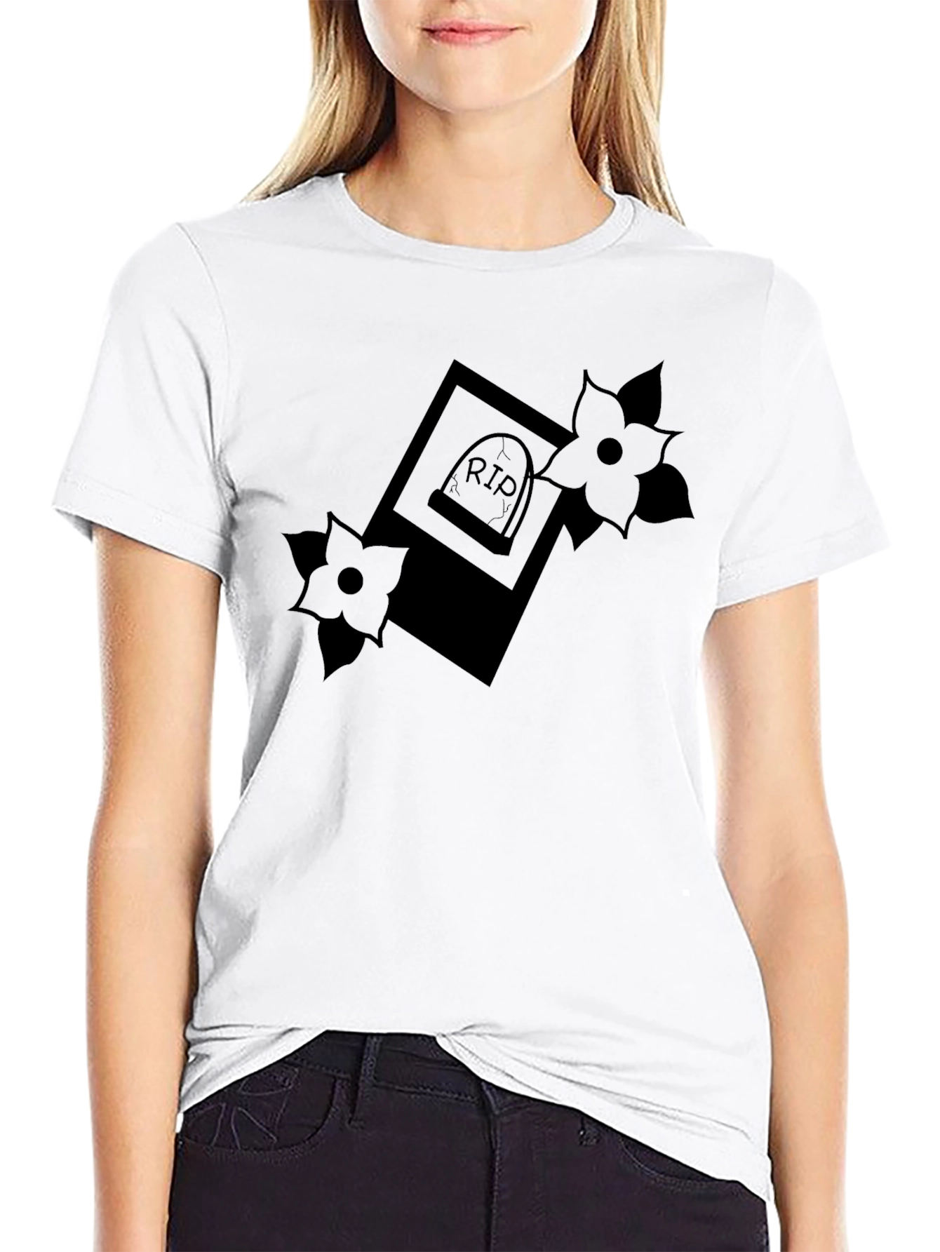 RIP Tombstone Floral Graphic Tee - Classic Black