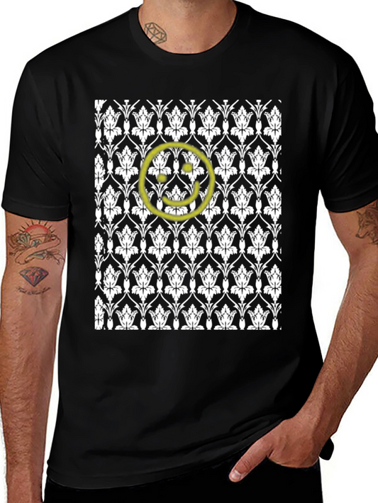 Black Patterned Tee with Yellow Smiley