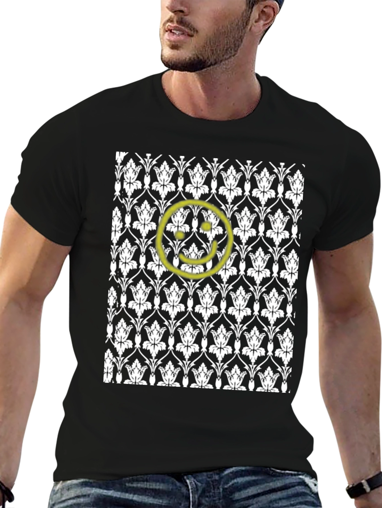 Black Patterned Tee with Yellow Smiley