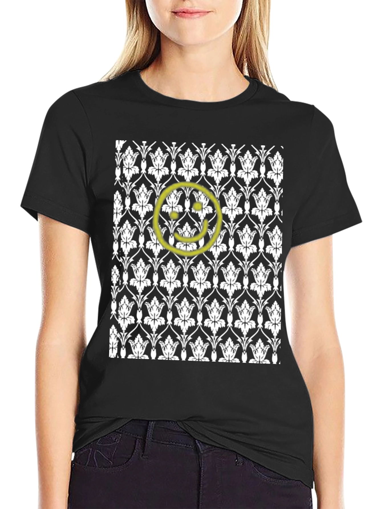 Black Patterned Tee with Yellow Smiley