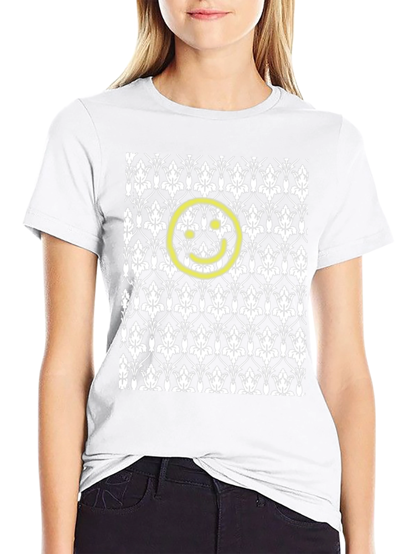 Black Patterned Tee with Yellow Smiley