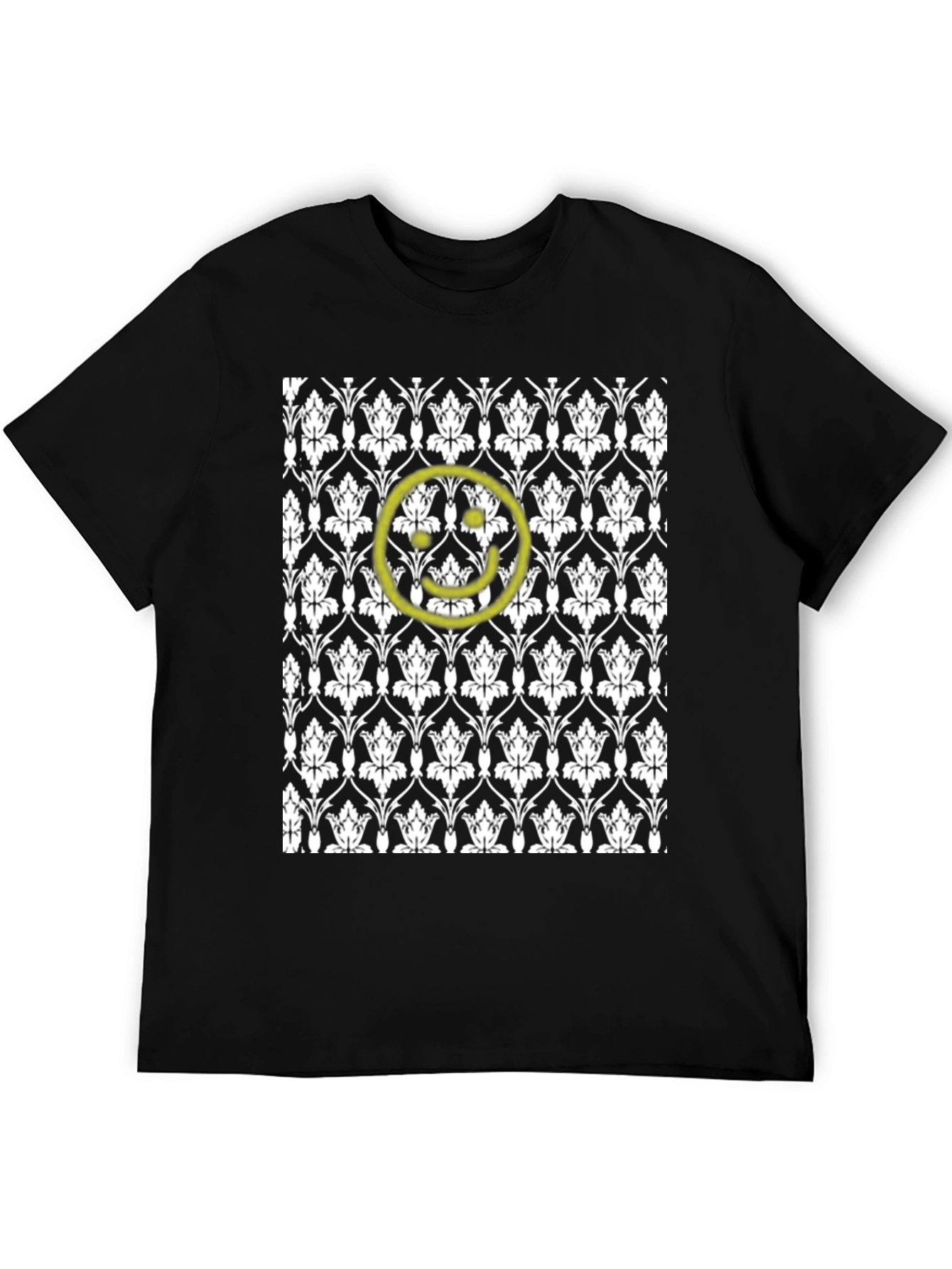 Black Patterned Tee with Yellow Smiley