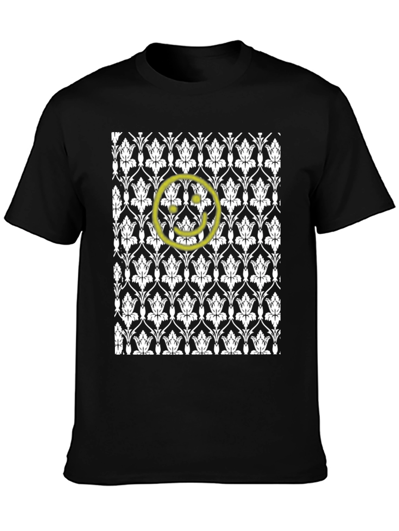 Black Patterned Tee with Yellow Smiley