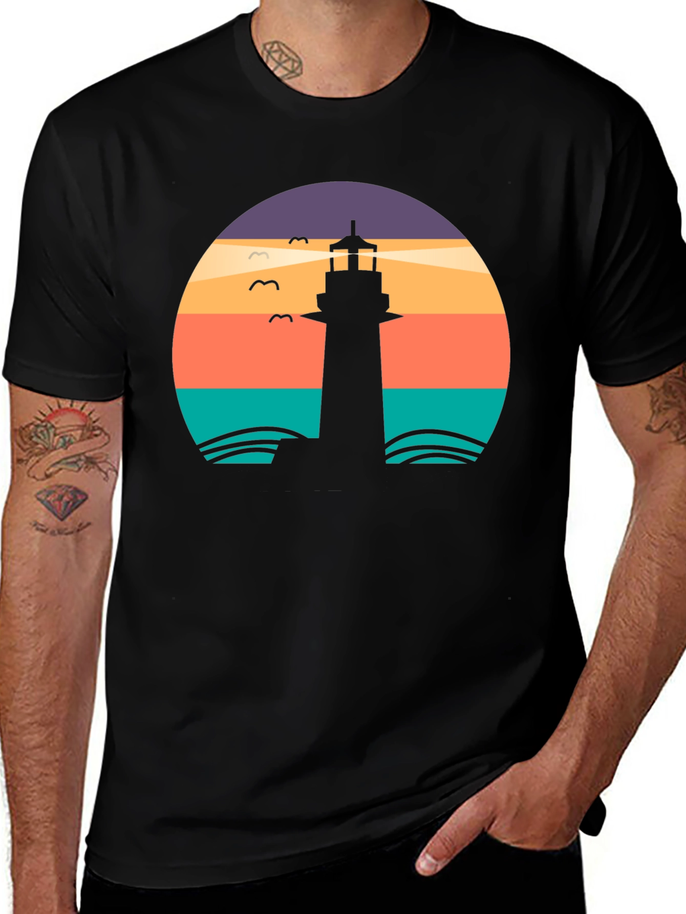 Lighthouse Sunset Graphic Tee - Black Casual T-Shirt