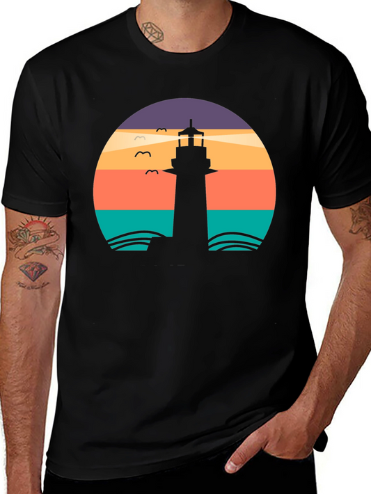 Lighthouse Sunset Graphic Tee - Black Casual T-Shirt