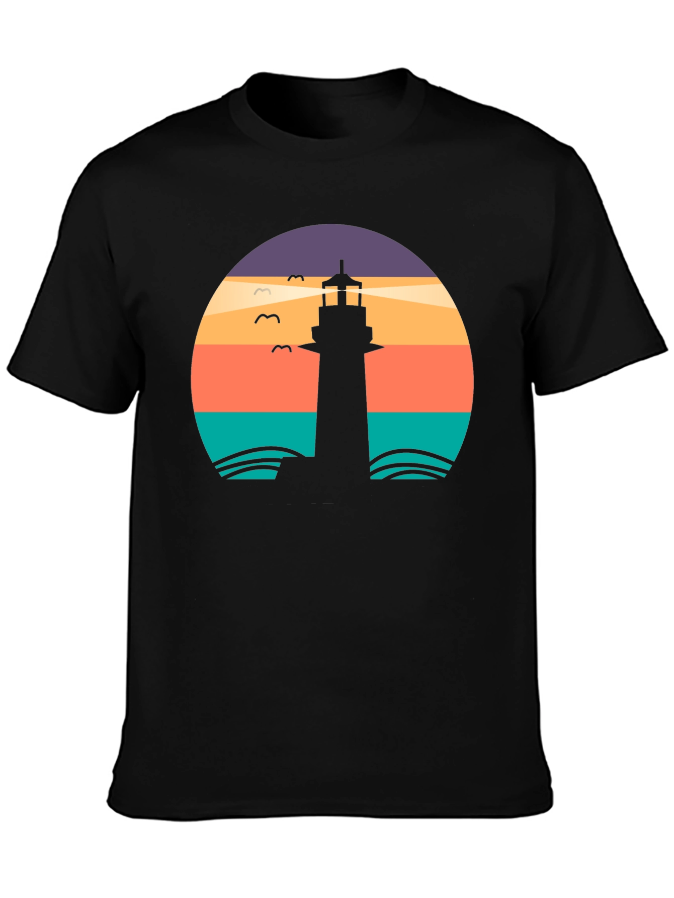 Lighthouse Sunset Graphic Tee - Black Casual T-Shirt