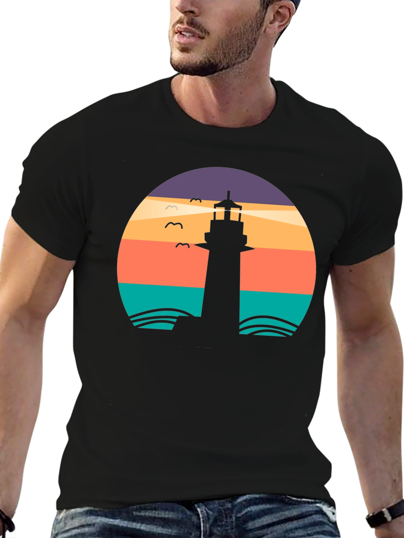 Lighthouse Sunset Graphic Tee - Black Casual T-Shirt
