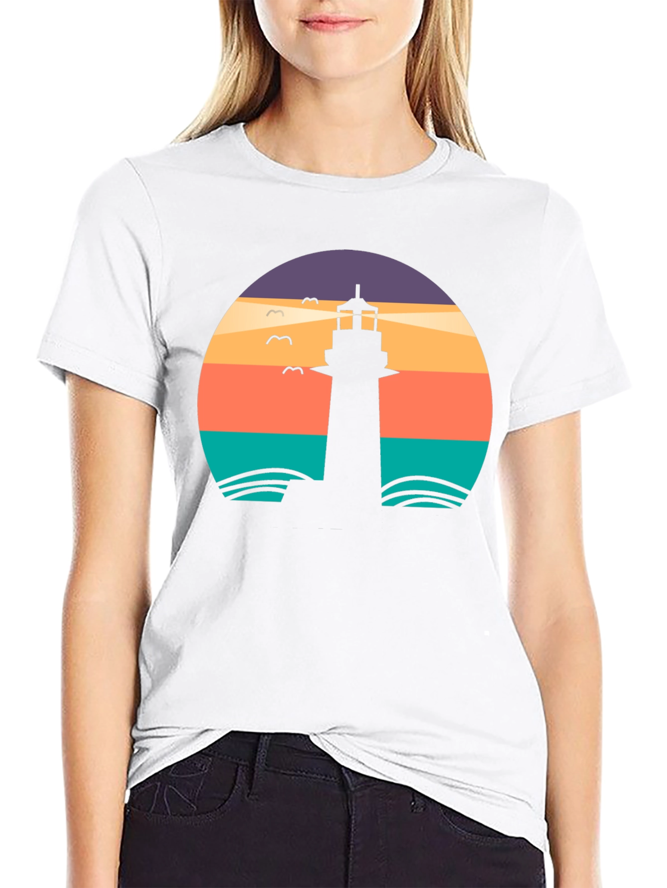 Lighthouse Sunset Graphic Tee - Black Casual T-Shirt