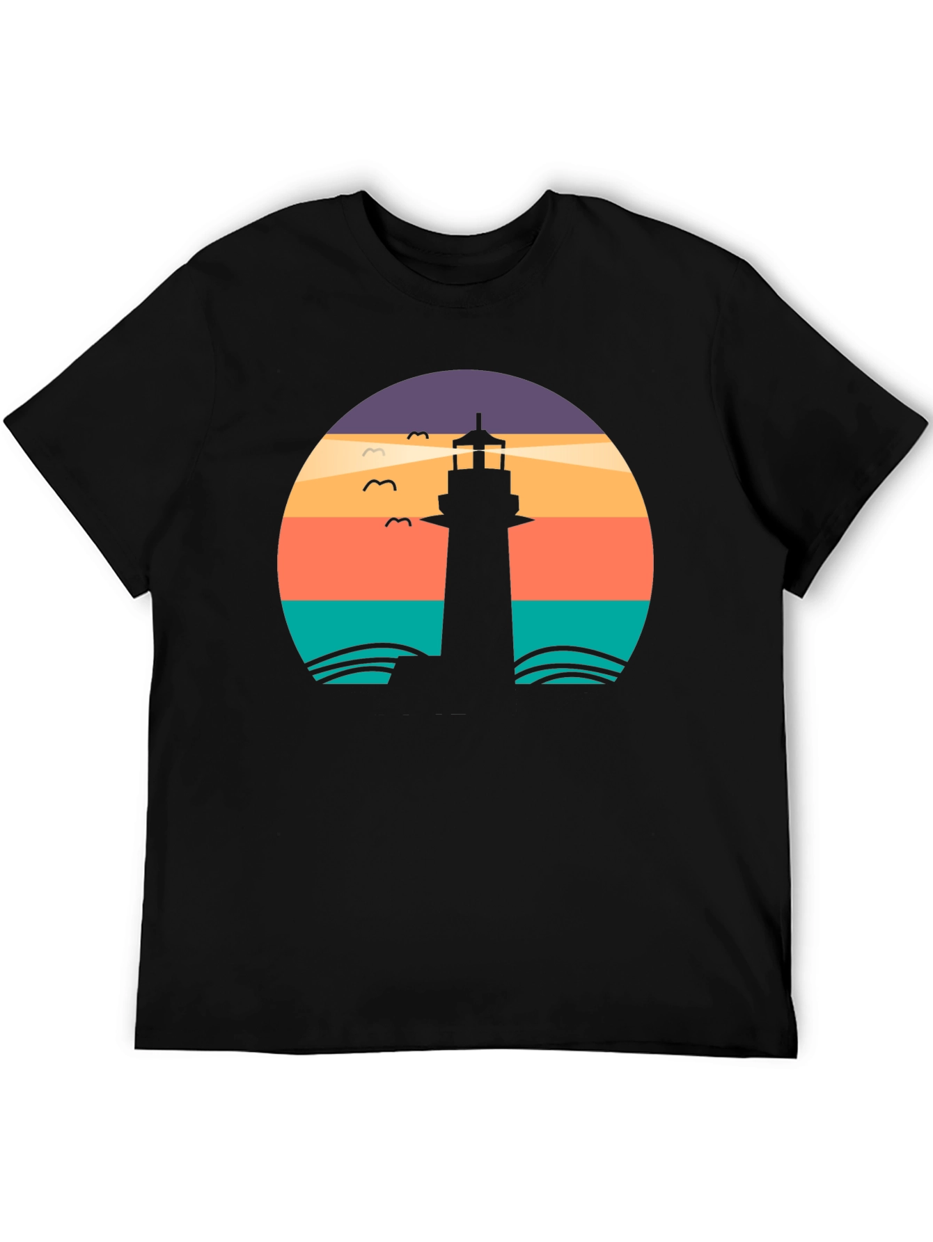 Lighthouse Sunset Graphic Tee - Black Casual T-Shirt