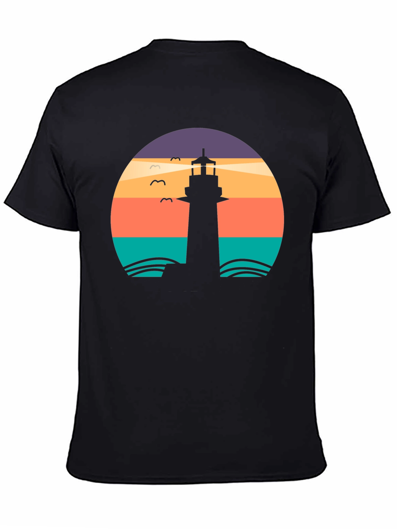 Lighthouse Sunset Graphic Tee - Black Casual T-Shirt