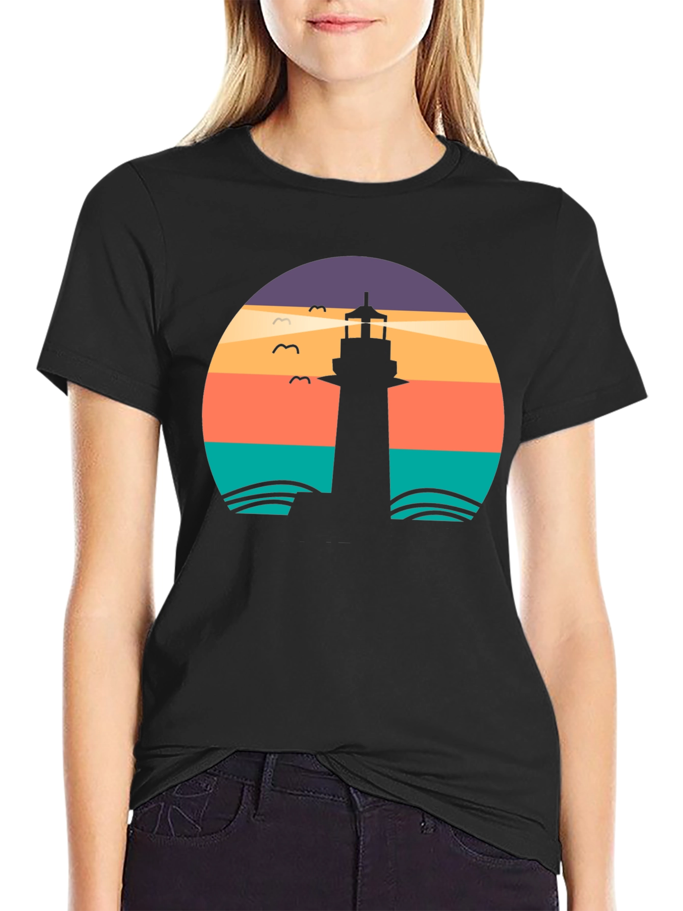 Lighthouse Sunset Graphic Tee - Black Casual T-Shirt