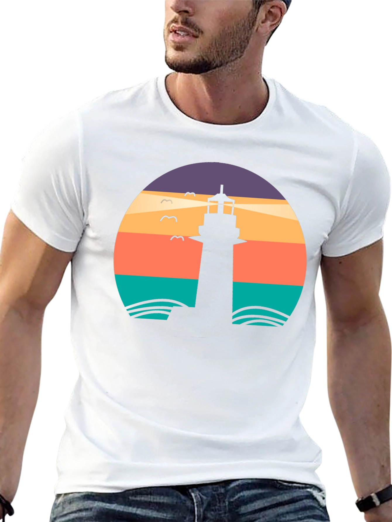 Lighthouse Sunset Graphic Tee - Black Casual T-Shirt