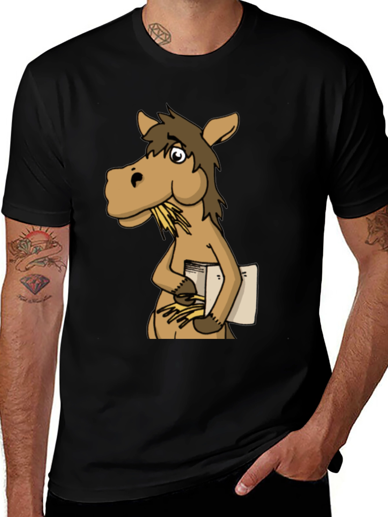 Funny Horse Reading Book Black T-Shirt