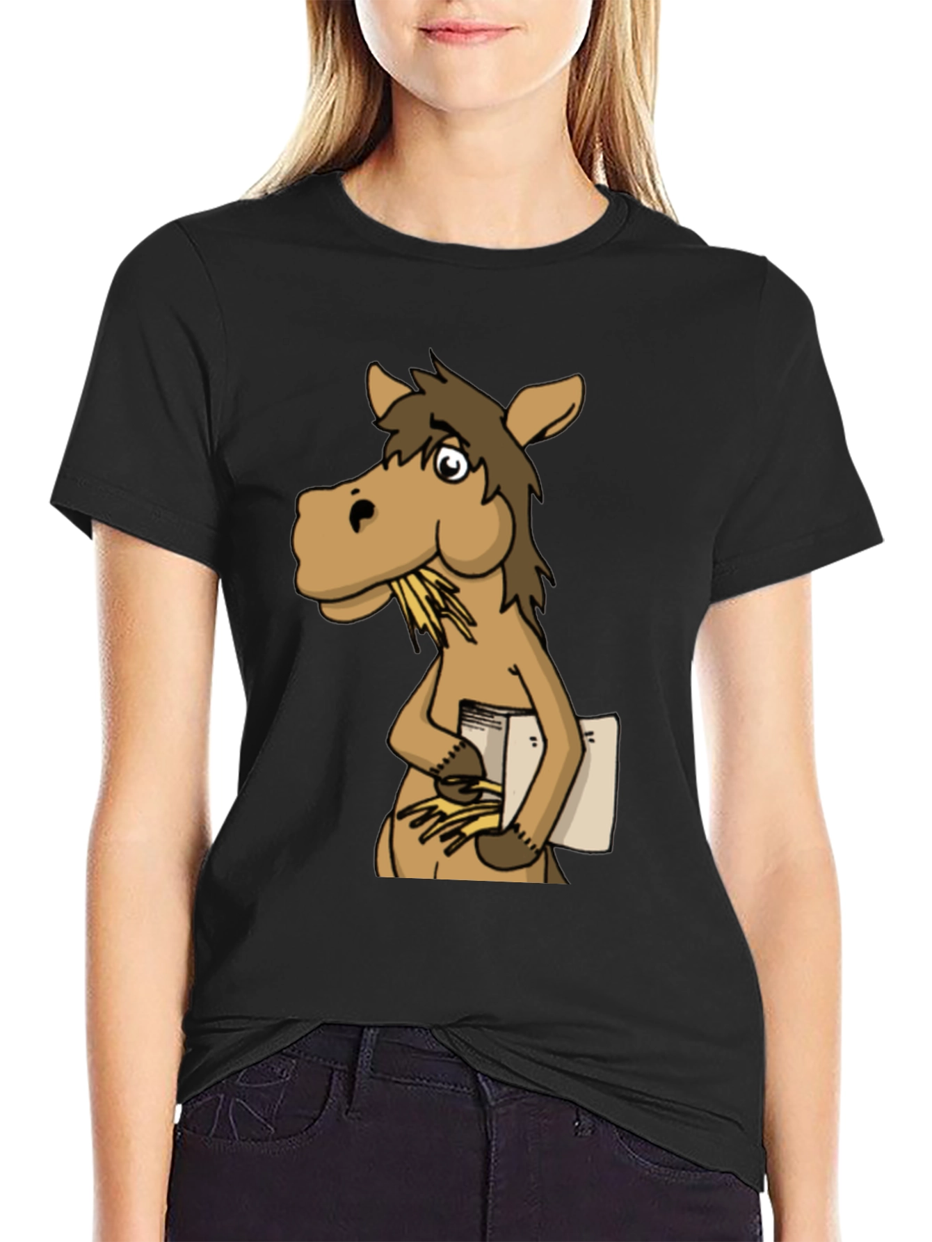 Funny Horse Reading Book Black T-Shirt