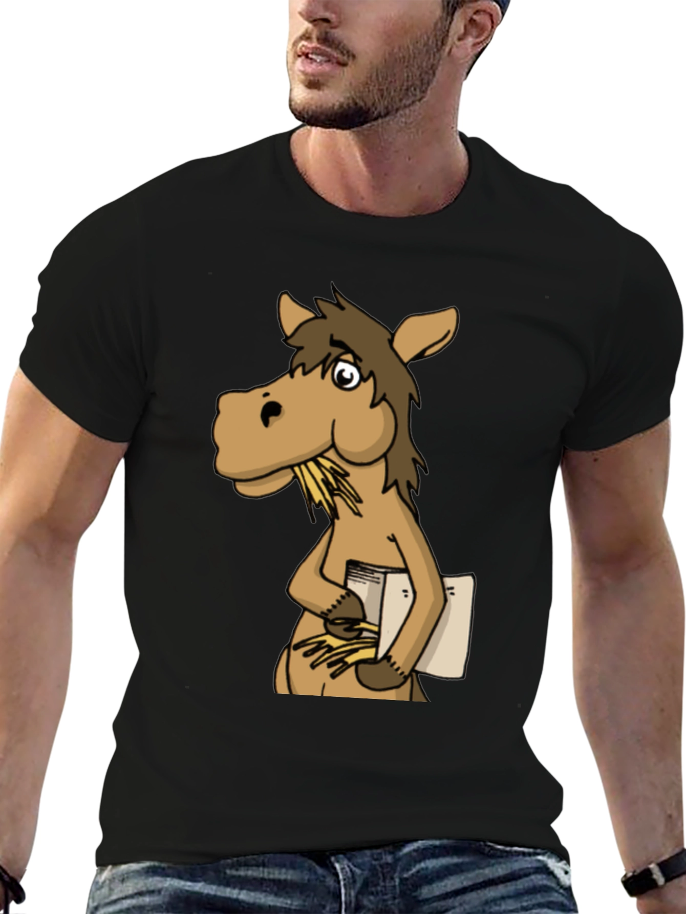 Funny Horse Reading Book Black T-Shirt