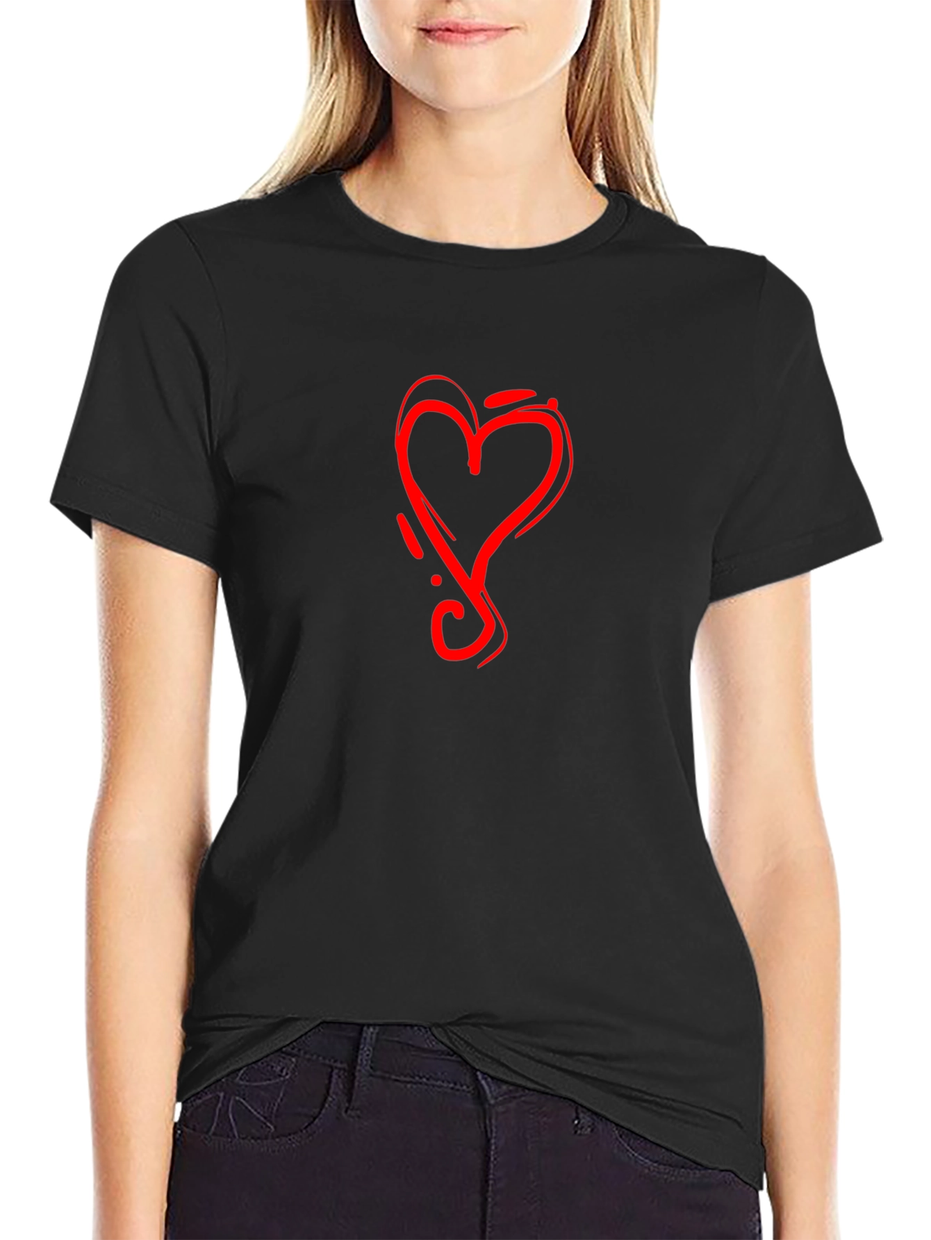 Black Tee with Red Heart Graphic
