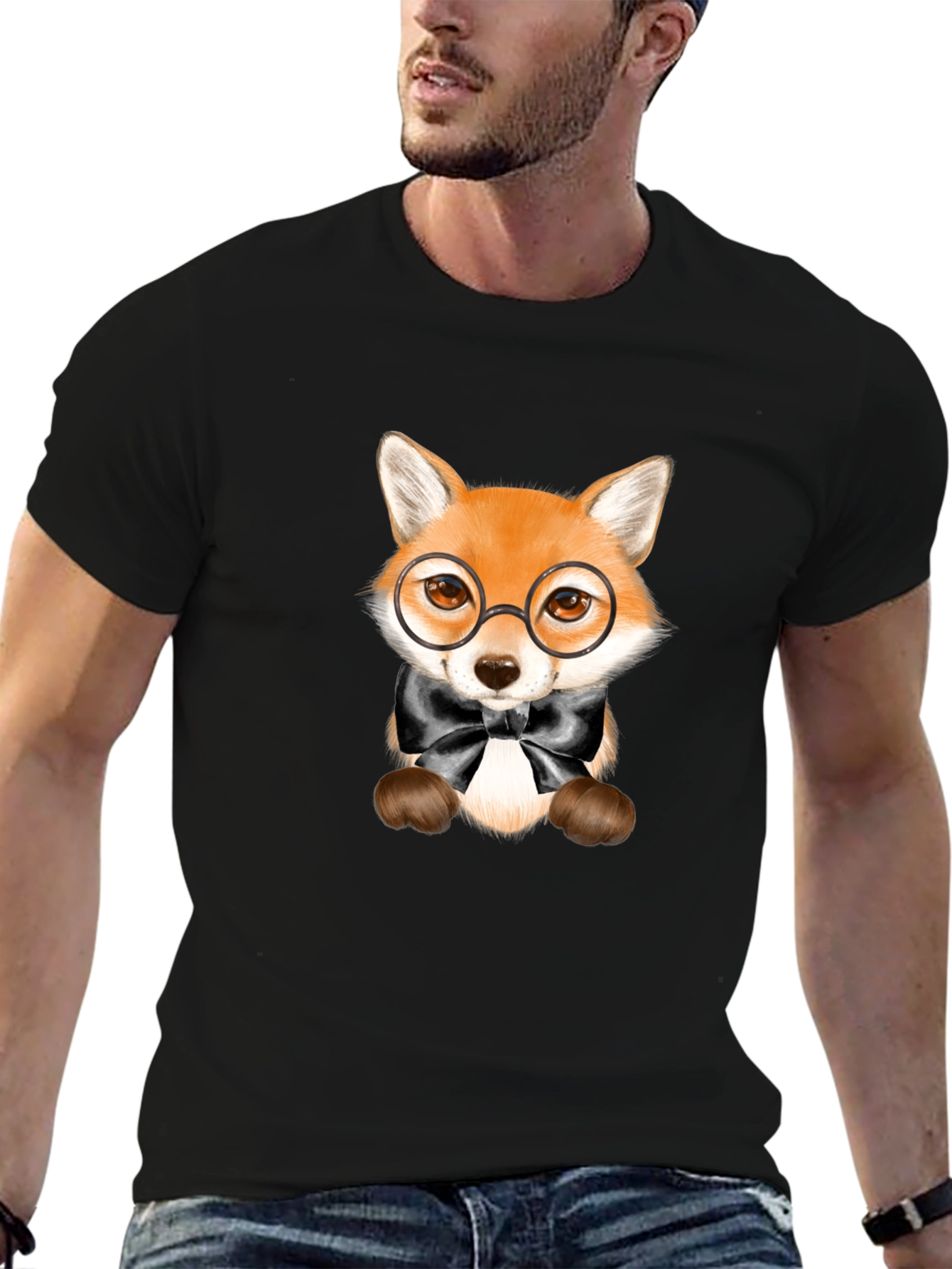 Fox with Glasses Graphic Tee - Black Unisex T-Shirt