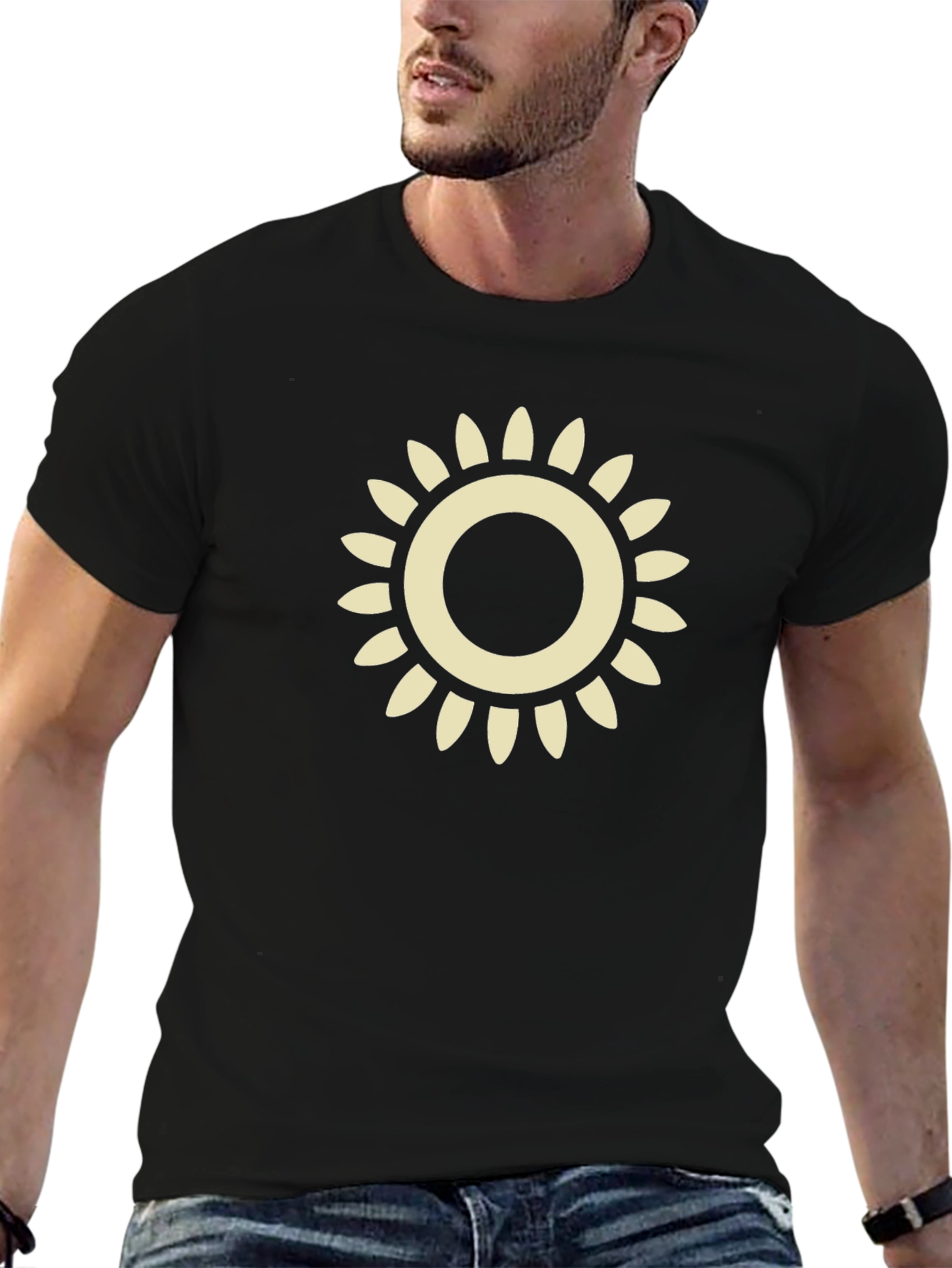 Stylish Sun Graphic Tee - Black Cotton Blend