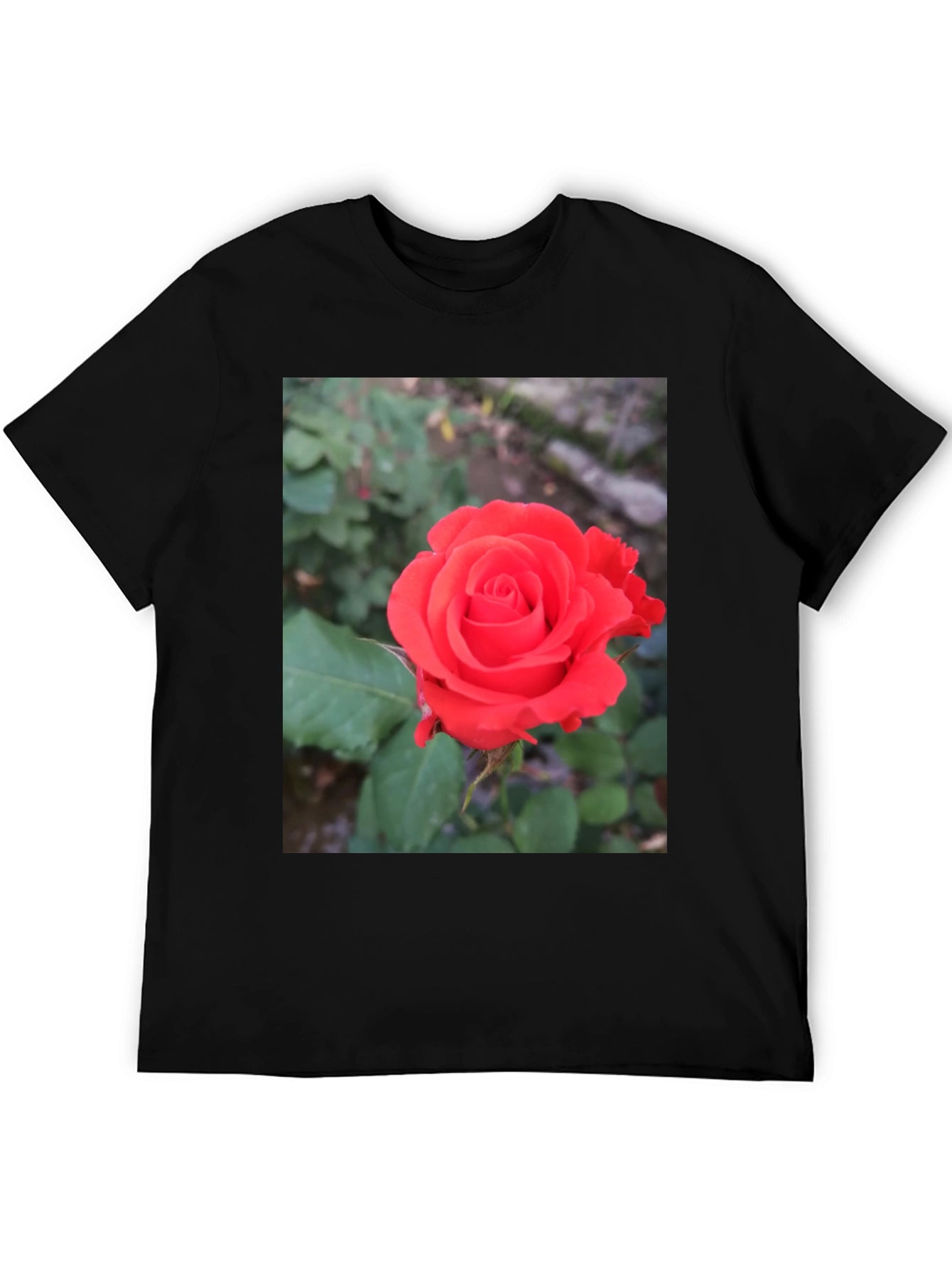 Black T-Shirt with Red Rose Graphic