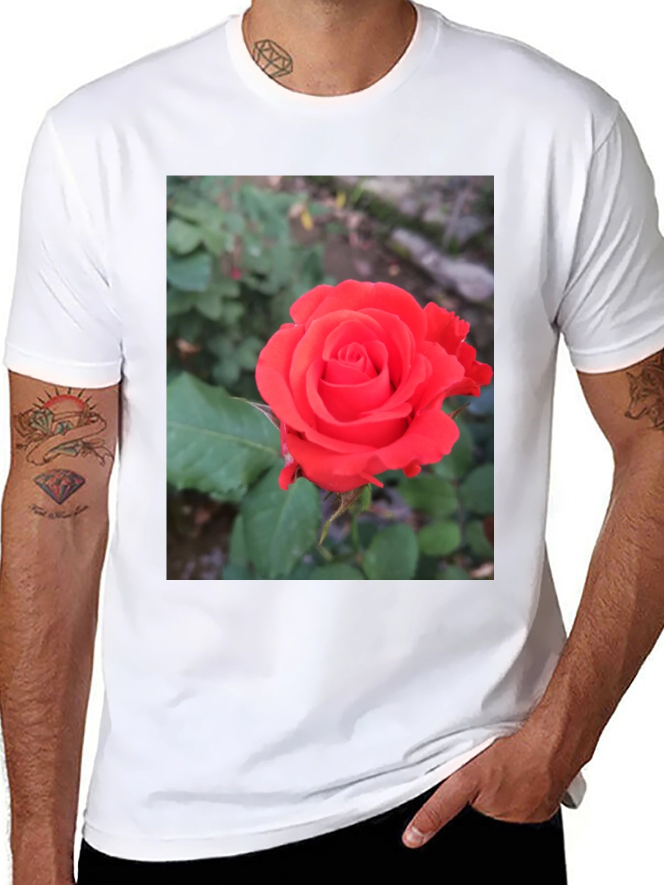 Black T-Shirt with Red Rose Graphic