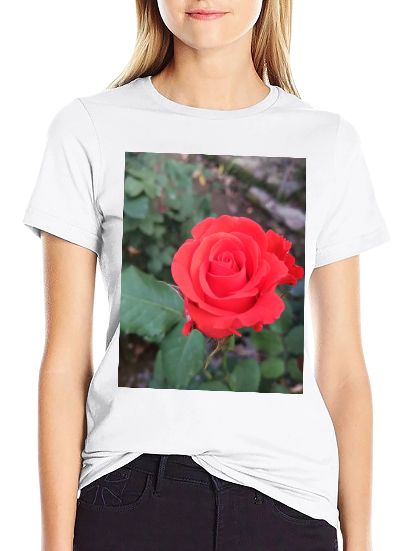 Black T-Shirt with Red Rose Graphic
