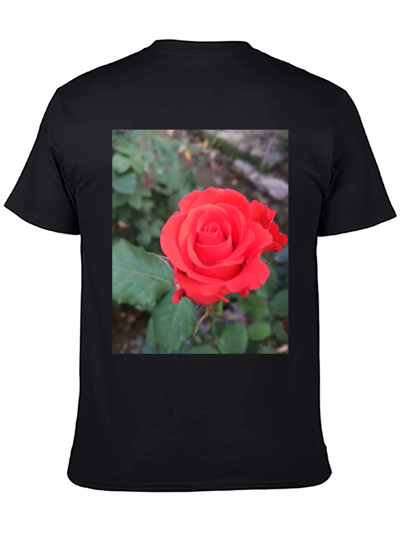 Black T-Shirt with Red Rose Graphic