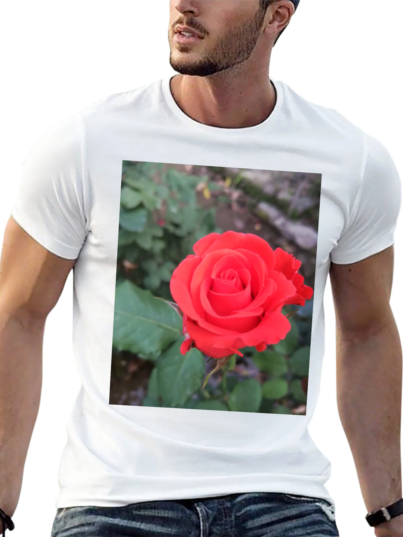 Black T-Shirt with Red Rose Graphic