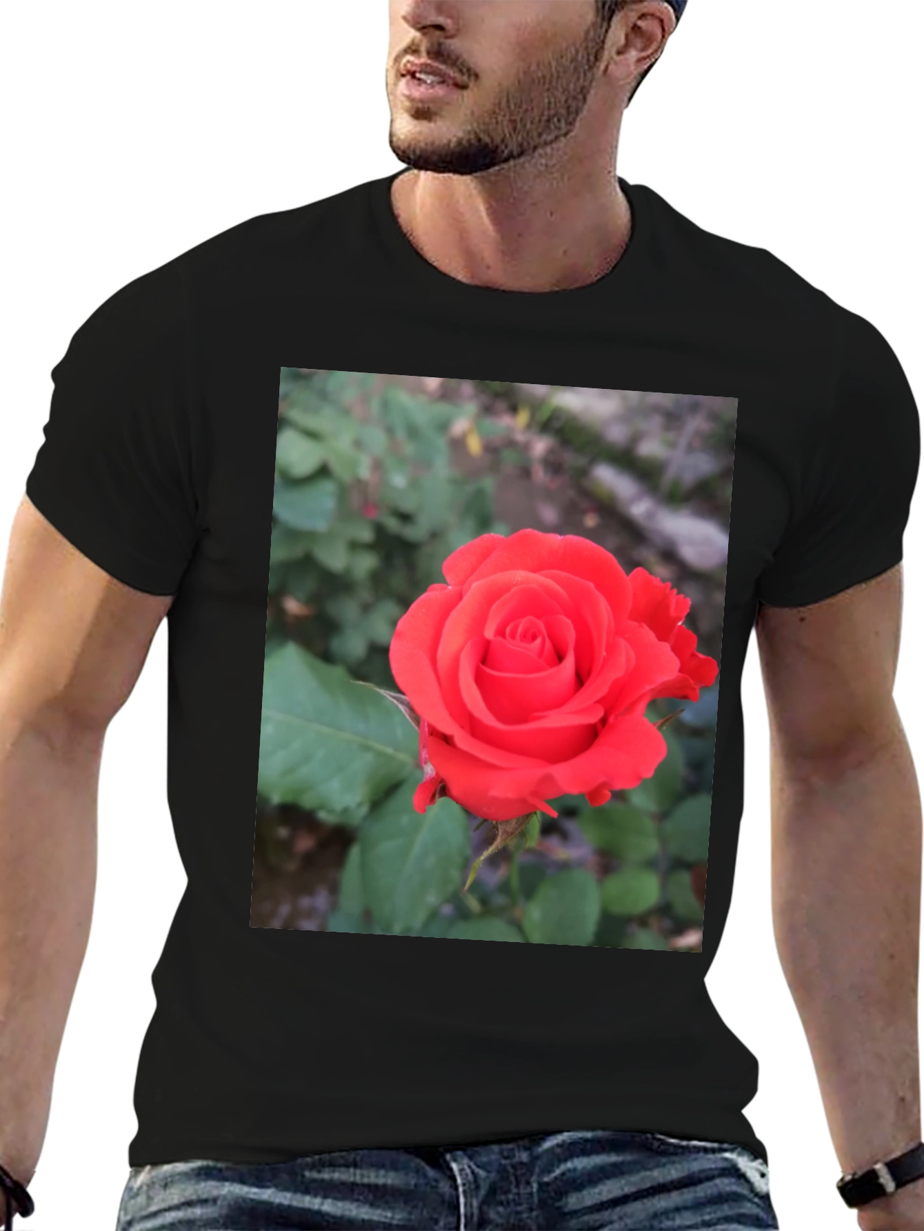 Black T-Shirt with Red Rose Graphic