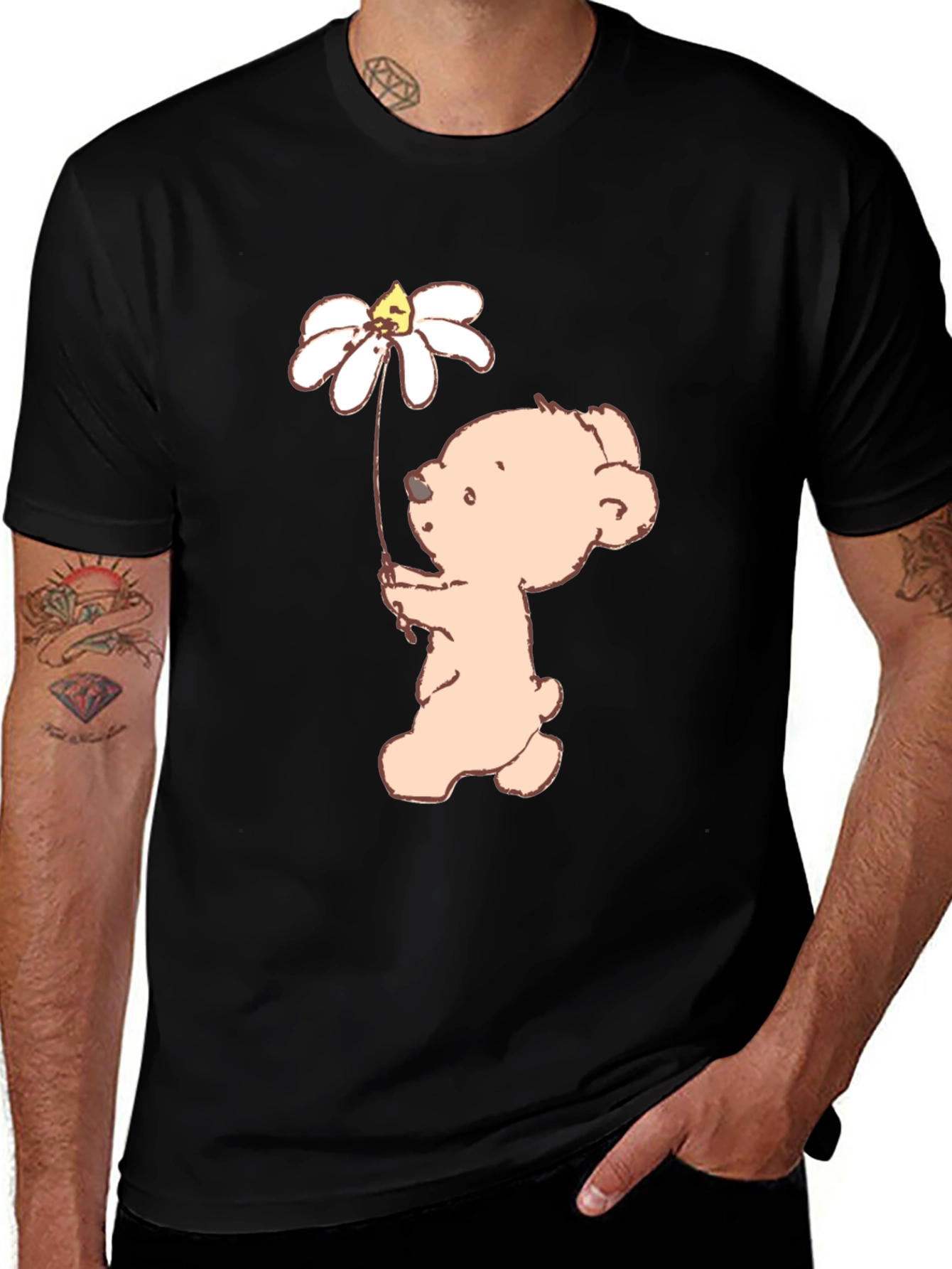 Cute Bear Holding Daisy Flower Black T-Shirt