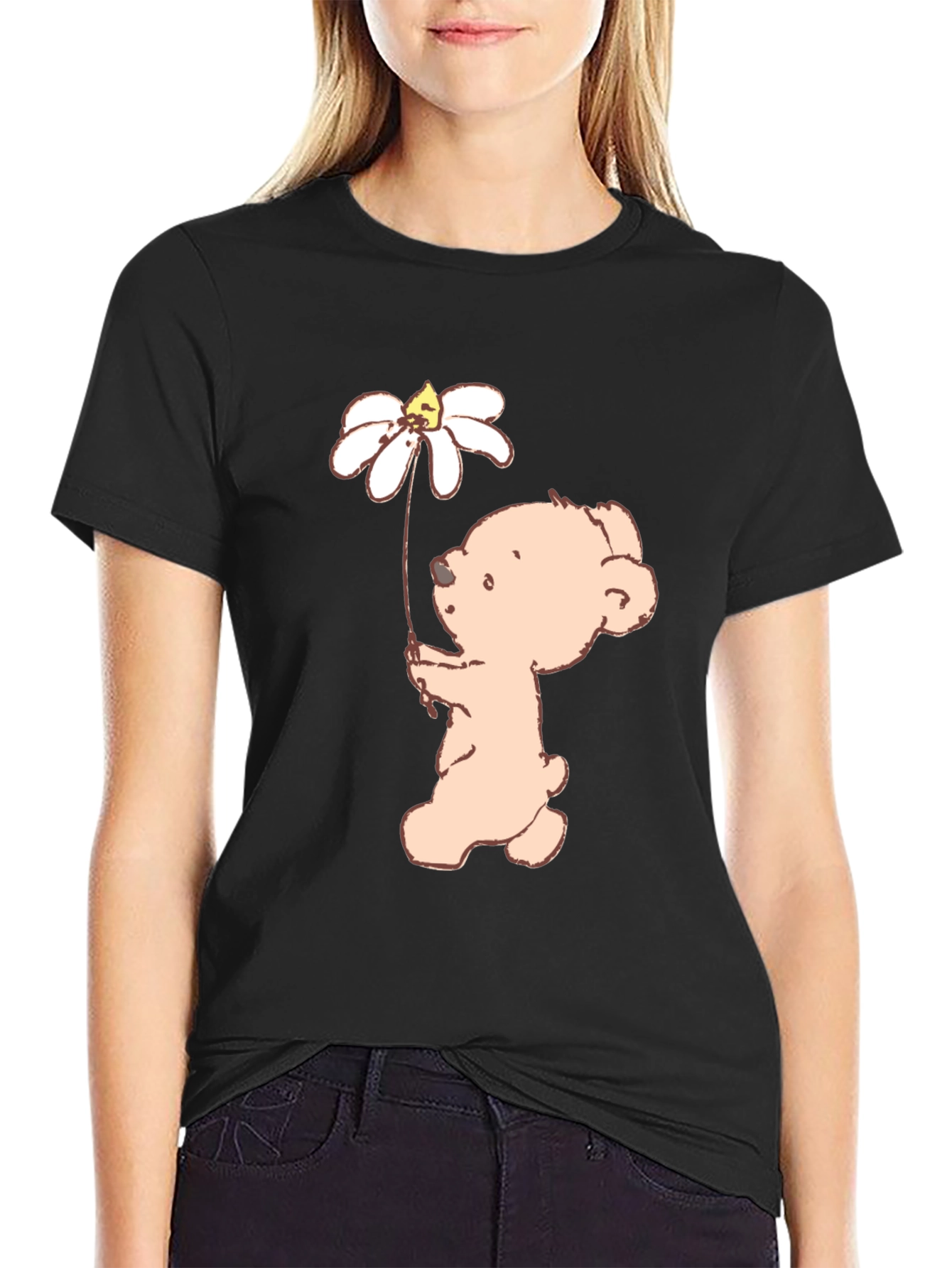 Cute Bear Holding Daisy Flower Black T-Shirt