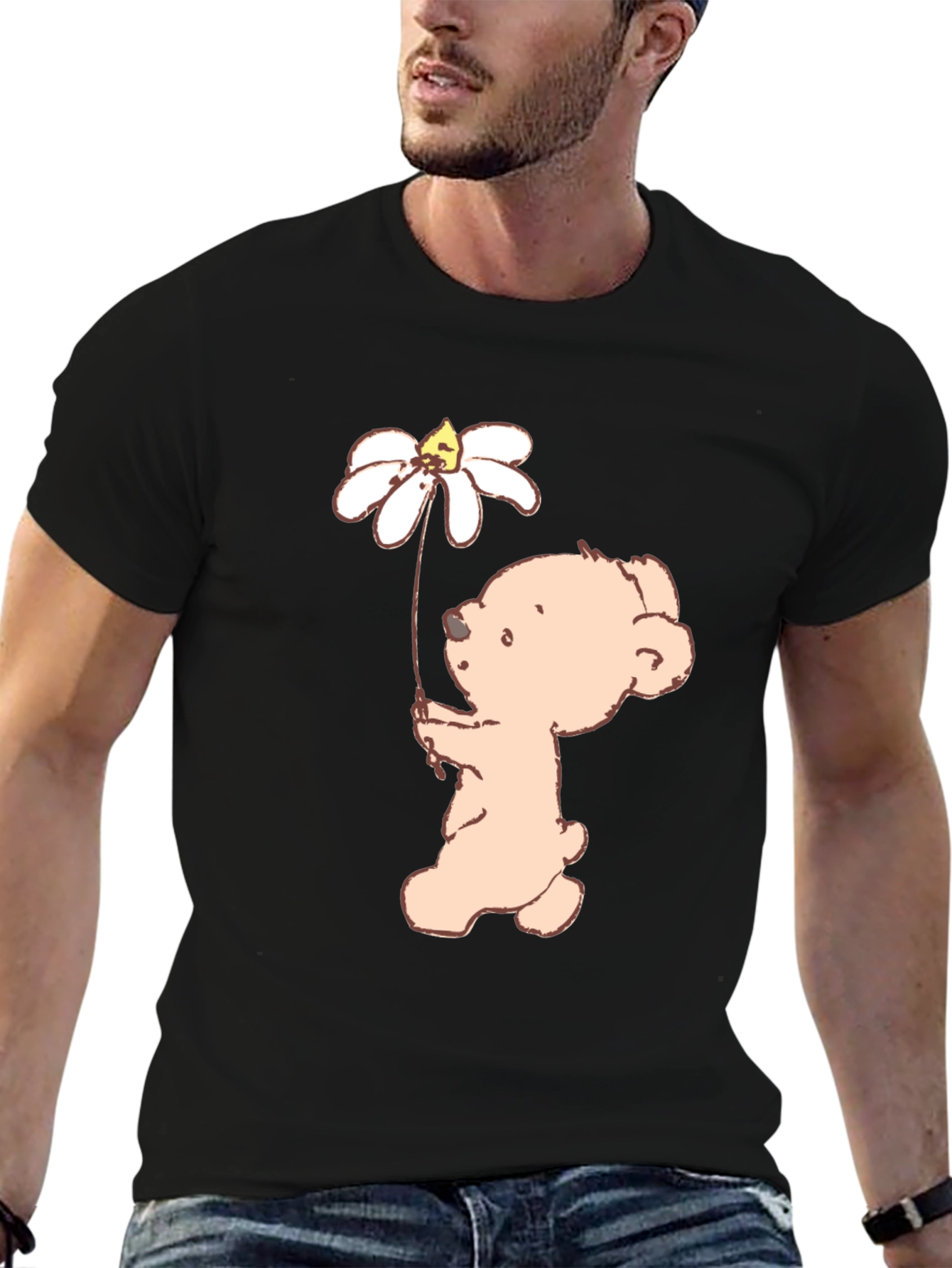 Cute Bear Holding Daisy Flower Black T-Shirt